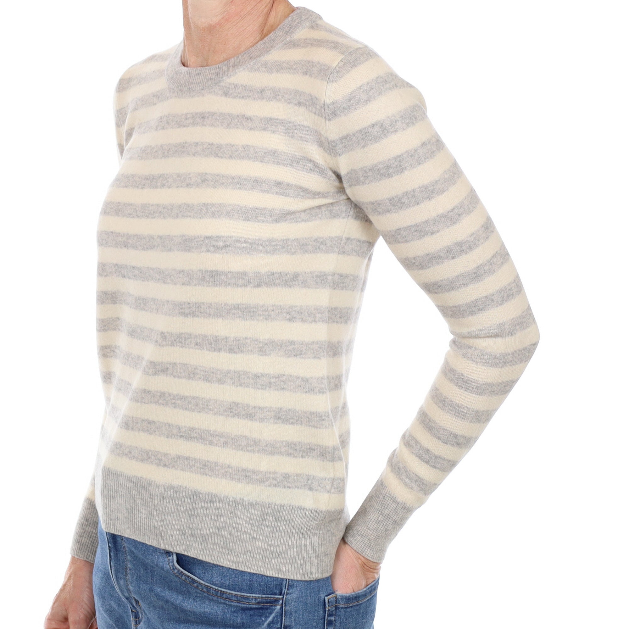 Smoke Grey Striped Cashmere Crew Neck Jumper Small