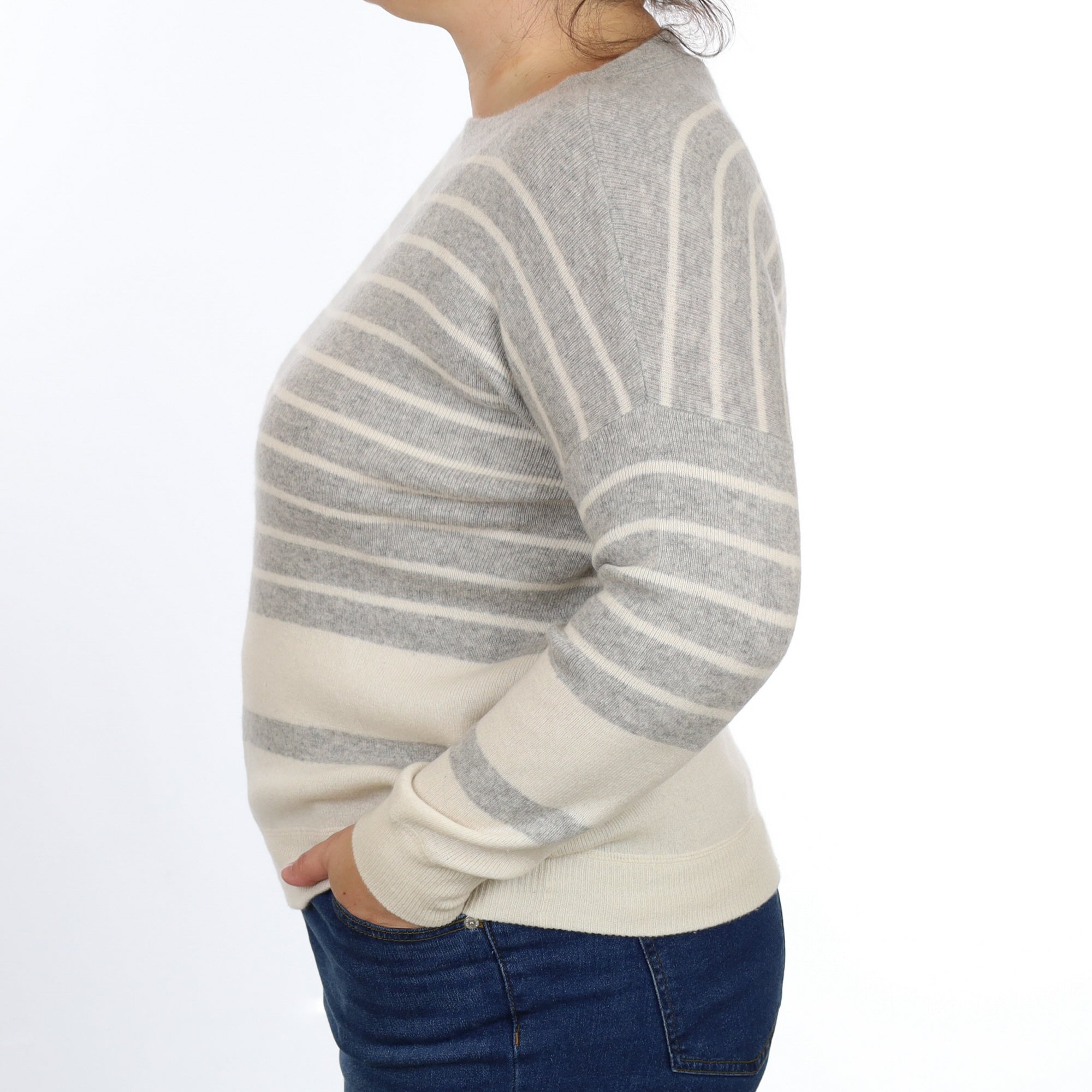 Grey and Ivory striped Cashmere Boat Neck Jumper Large