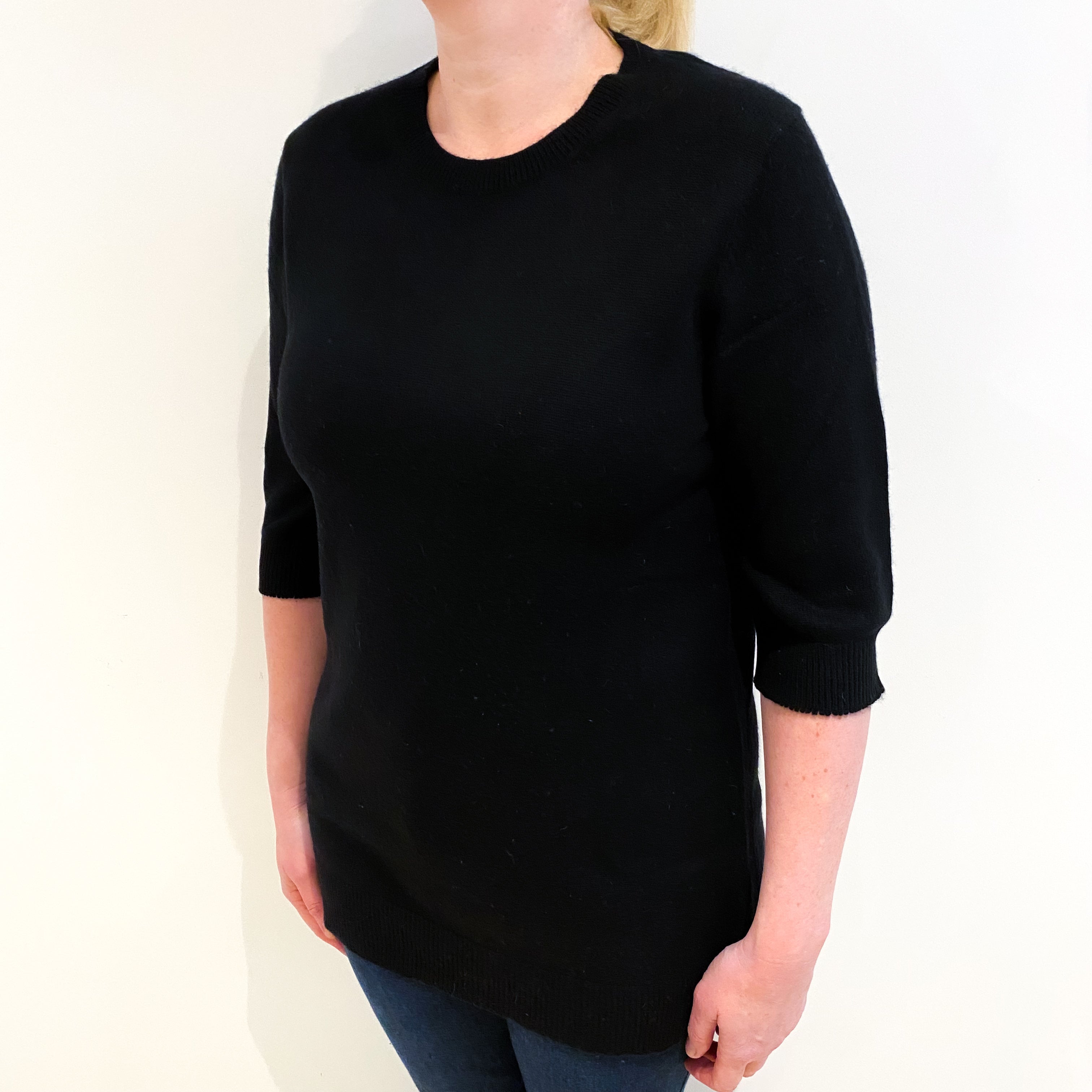 Black Cashmere Crew Neck Longline Jumper Large