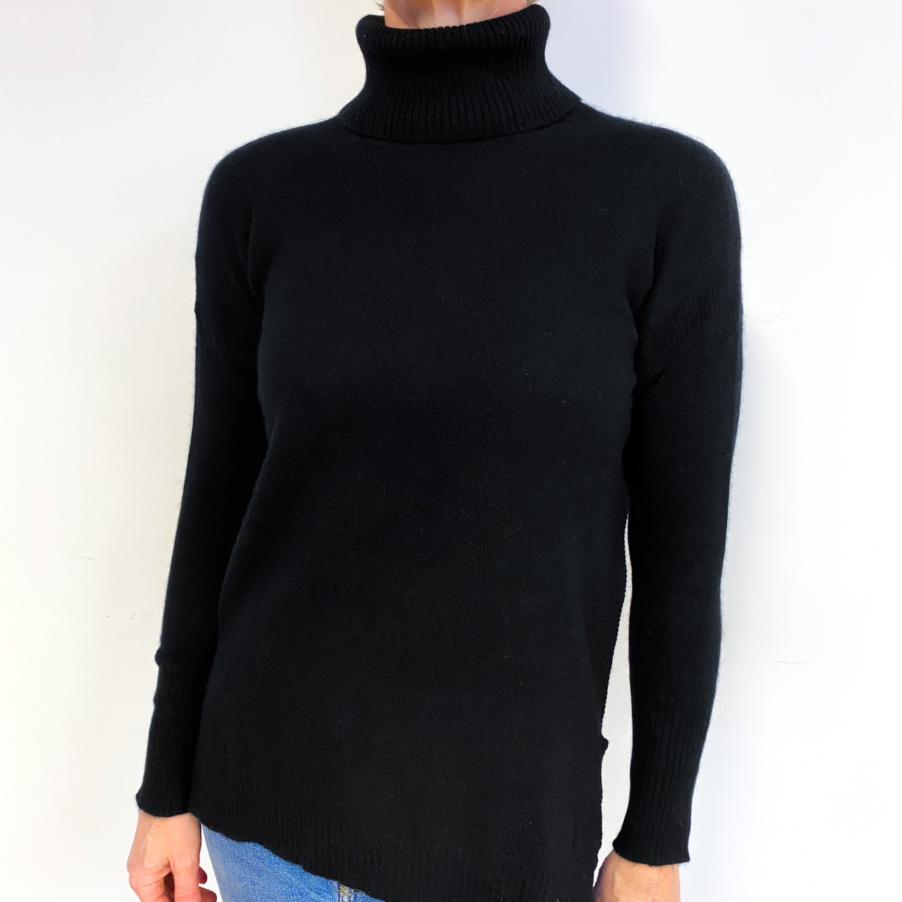 Black Split Hem Cashmere Polo Neck Jumper Medium