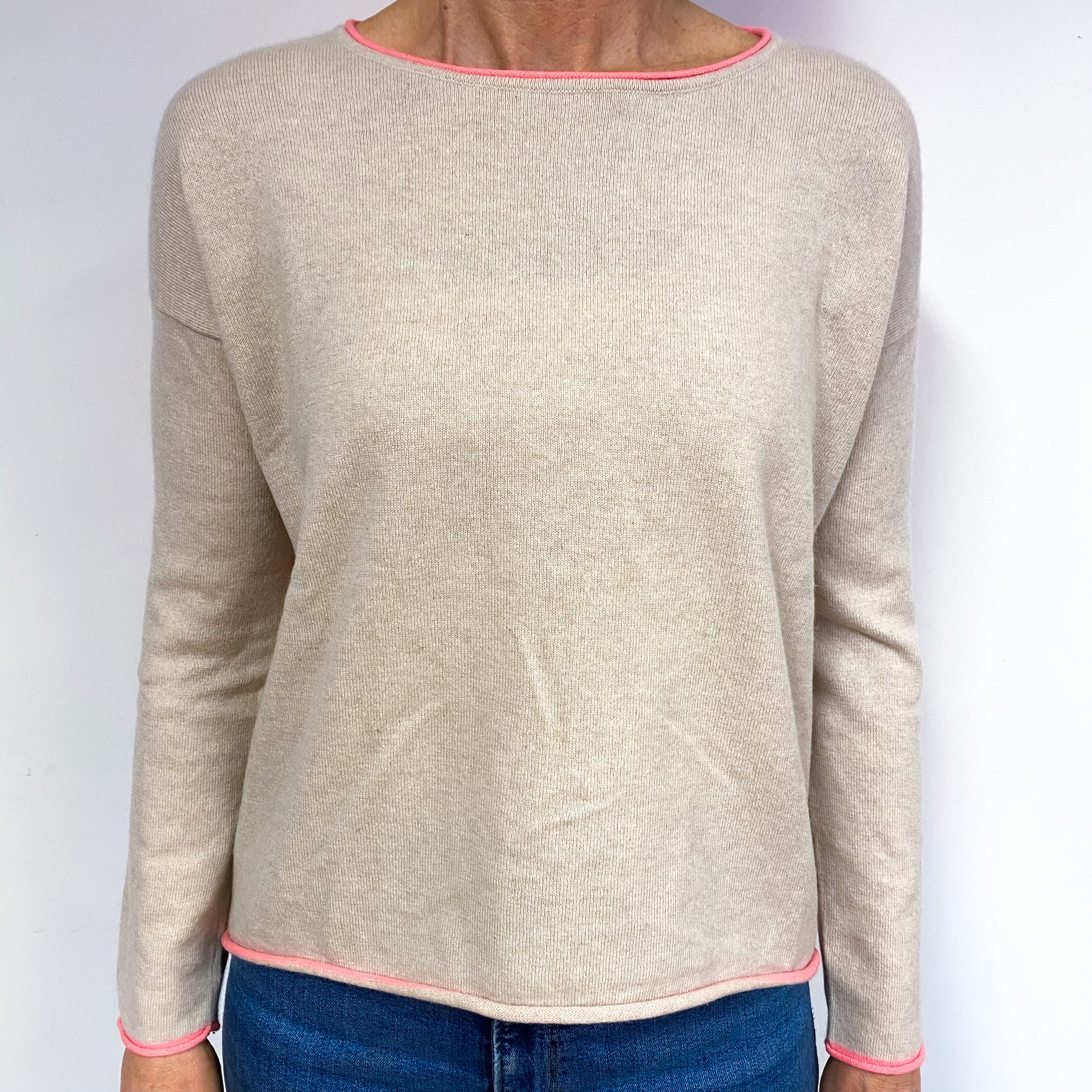Buff Beige And Coral Pink Cashmere Crew Neck Jumper Medium