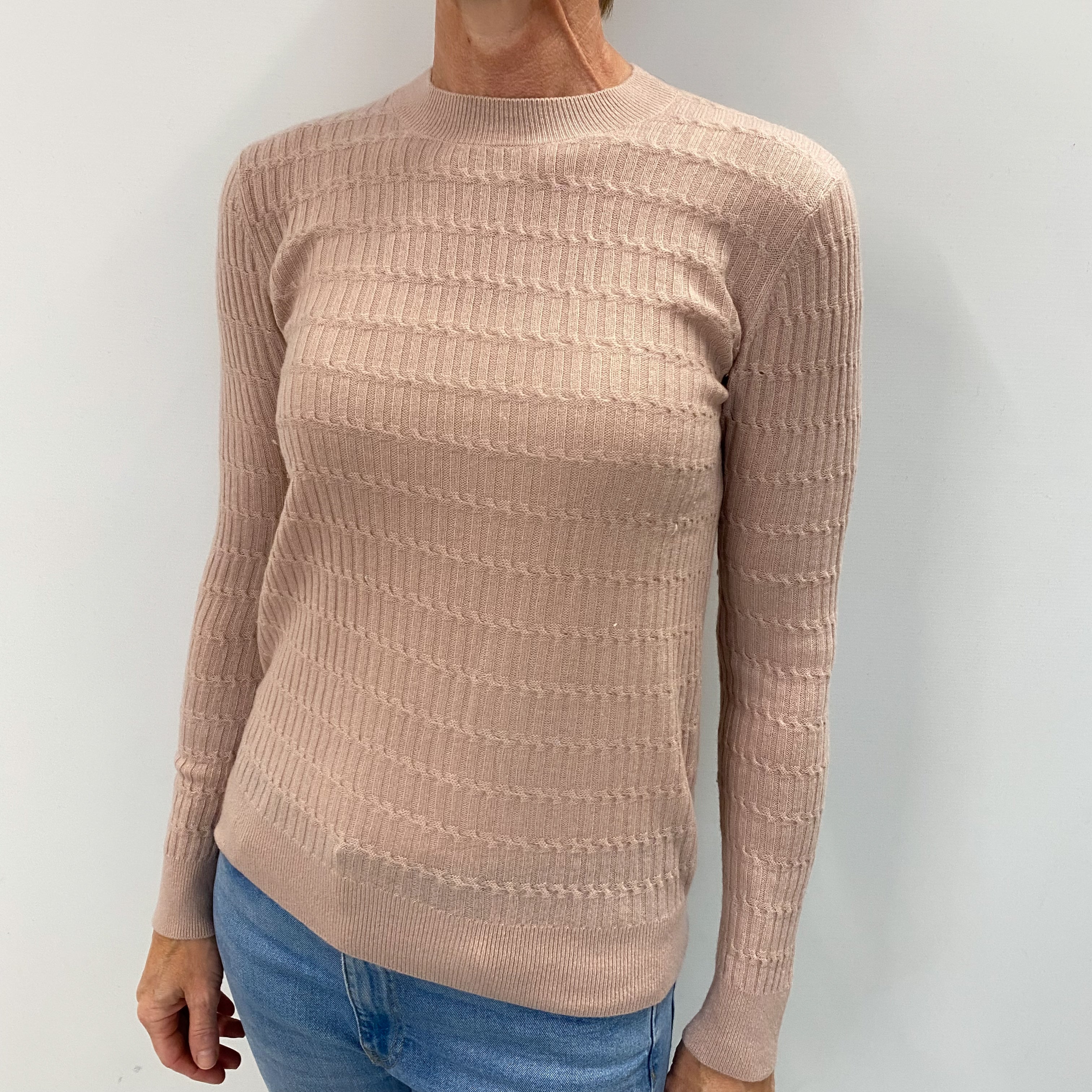 Dusky Pink Textured Cashmere Crew Neck Jumper Small