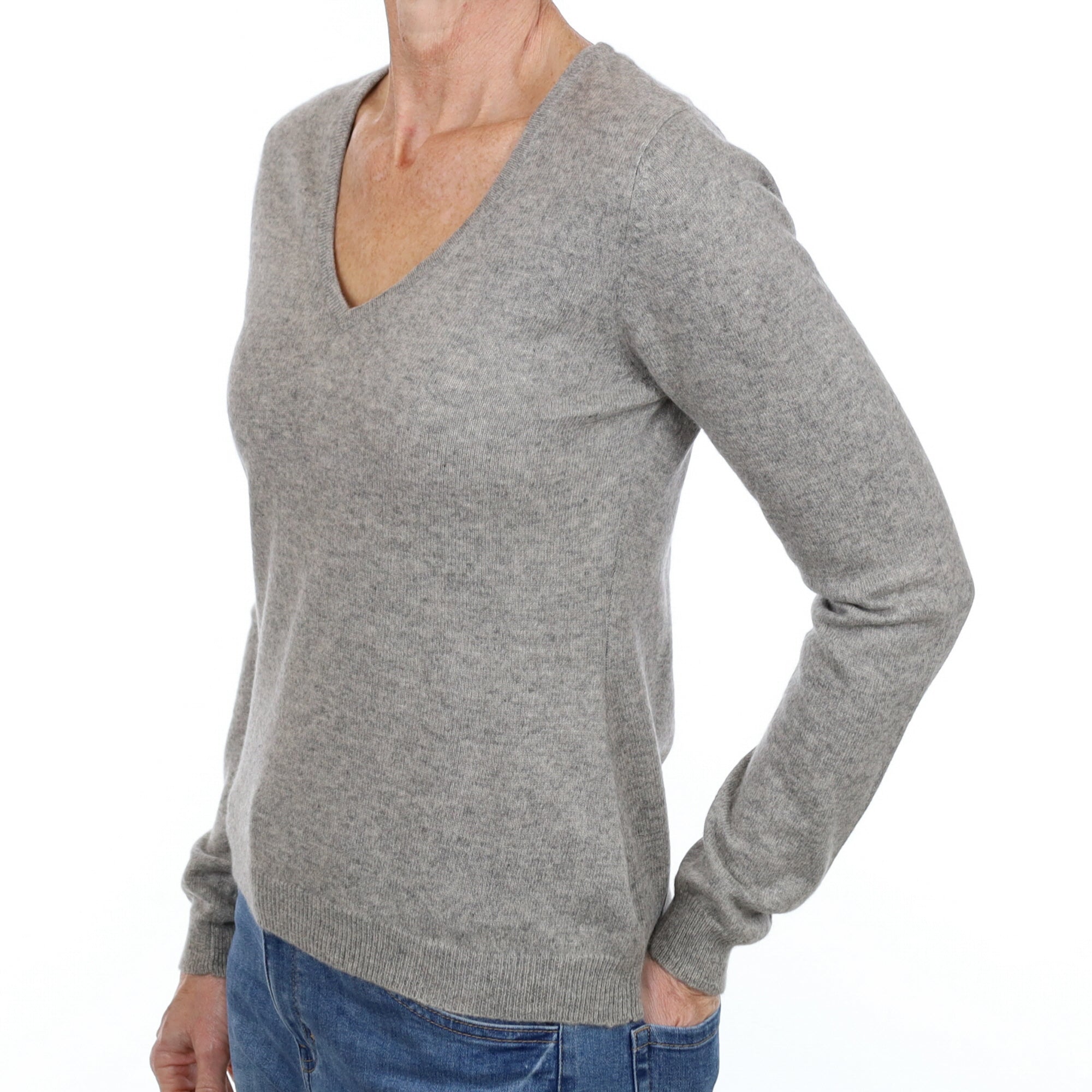 Smoke Grey Cashmere V Neck Jumper Small