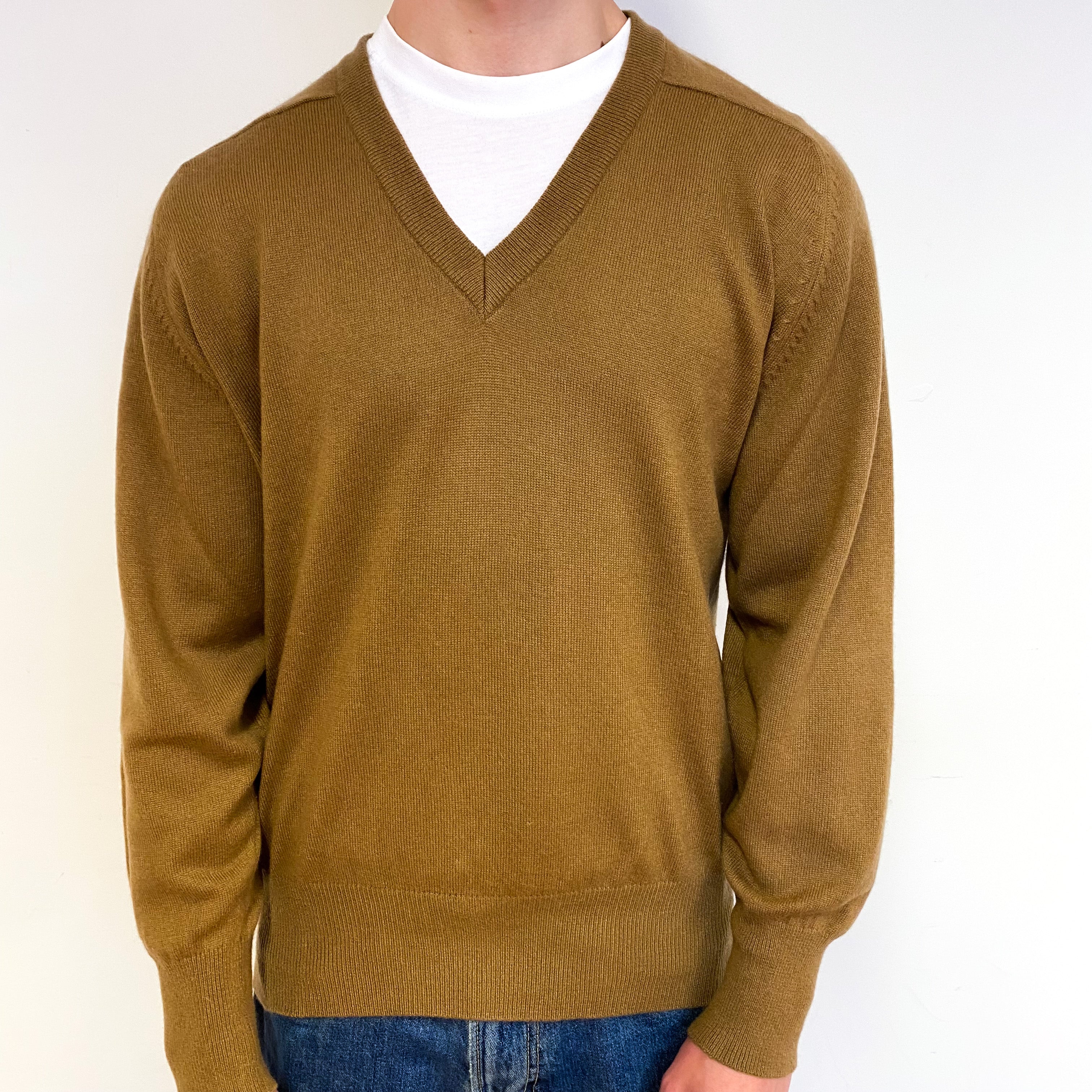 Men's Camel Brown Cashmere V-Neck Jumper Small