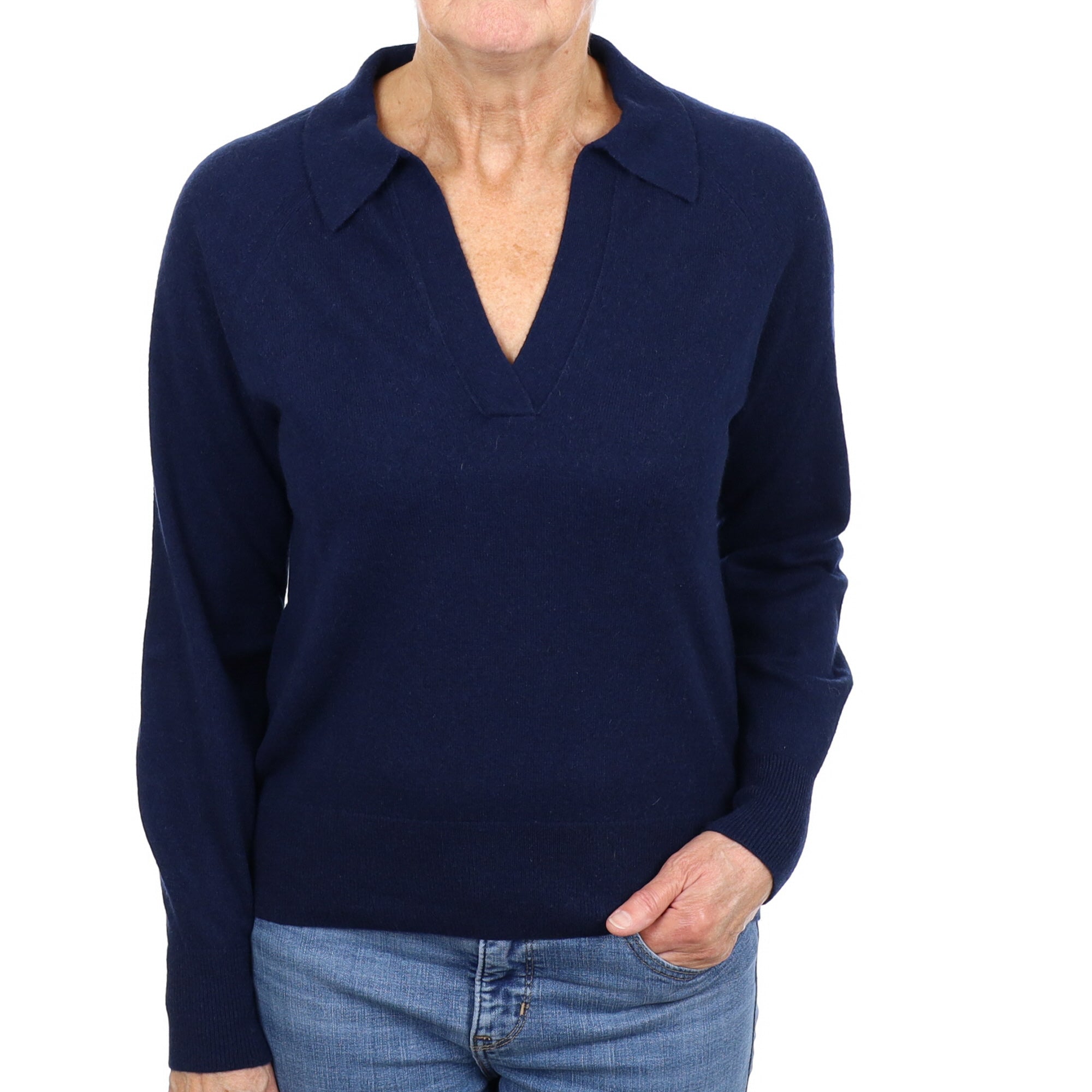 Navy Blue Cashmere Collared V Neck Jumper Medium