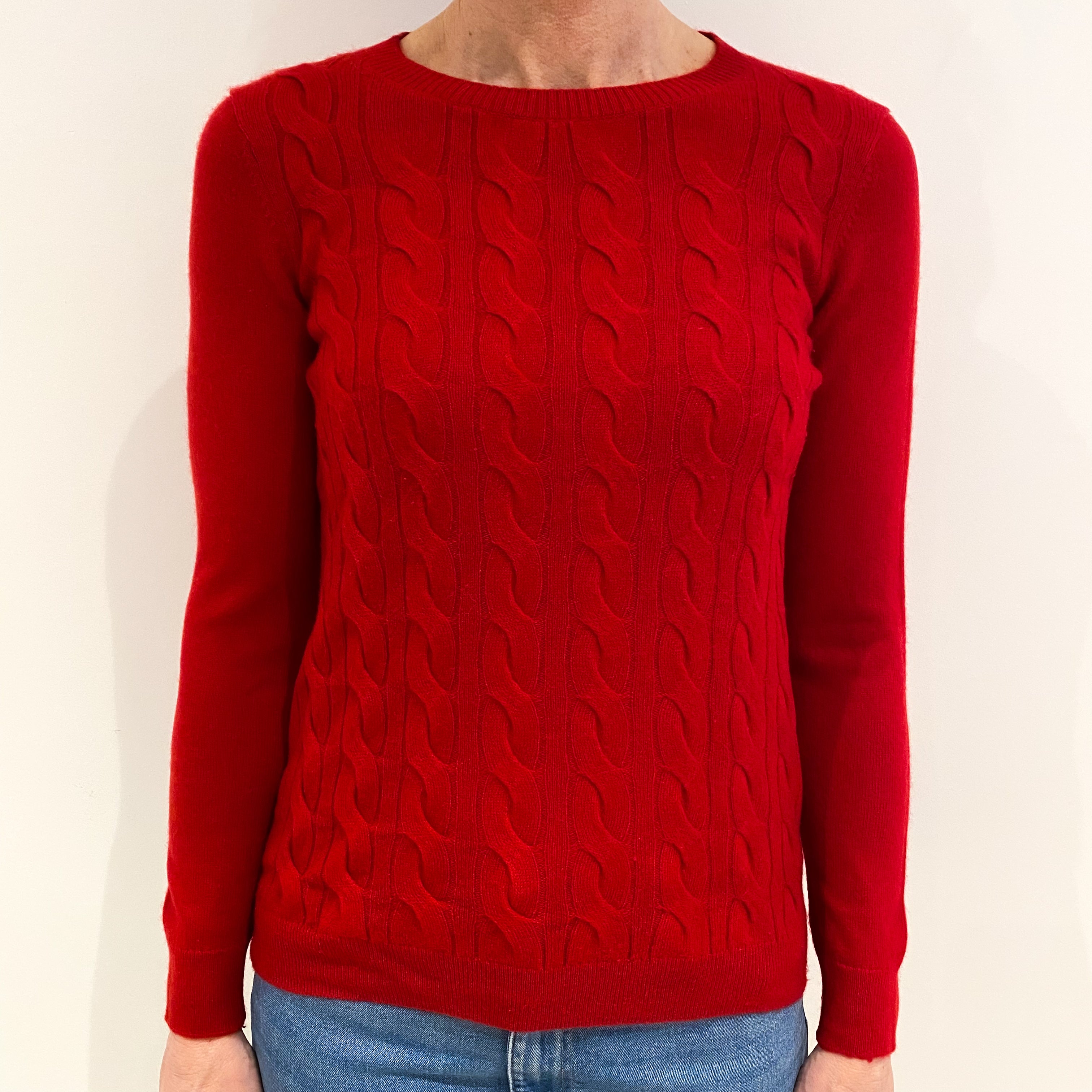 Scarlet Red Cable Front Cashmere Crew Neck Jumper Small