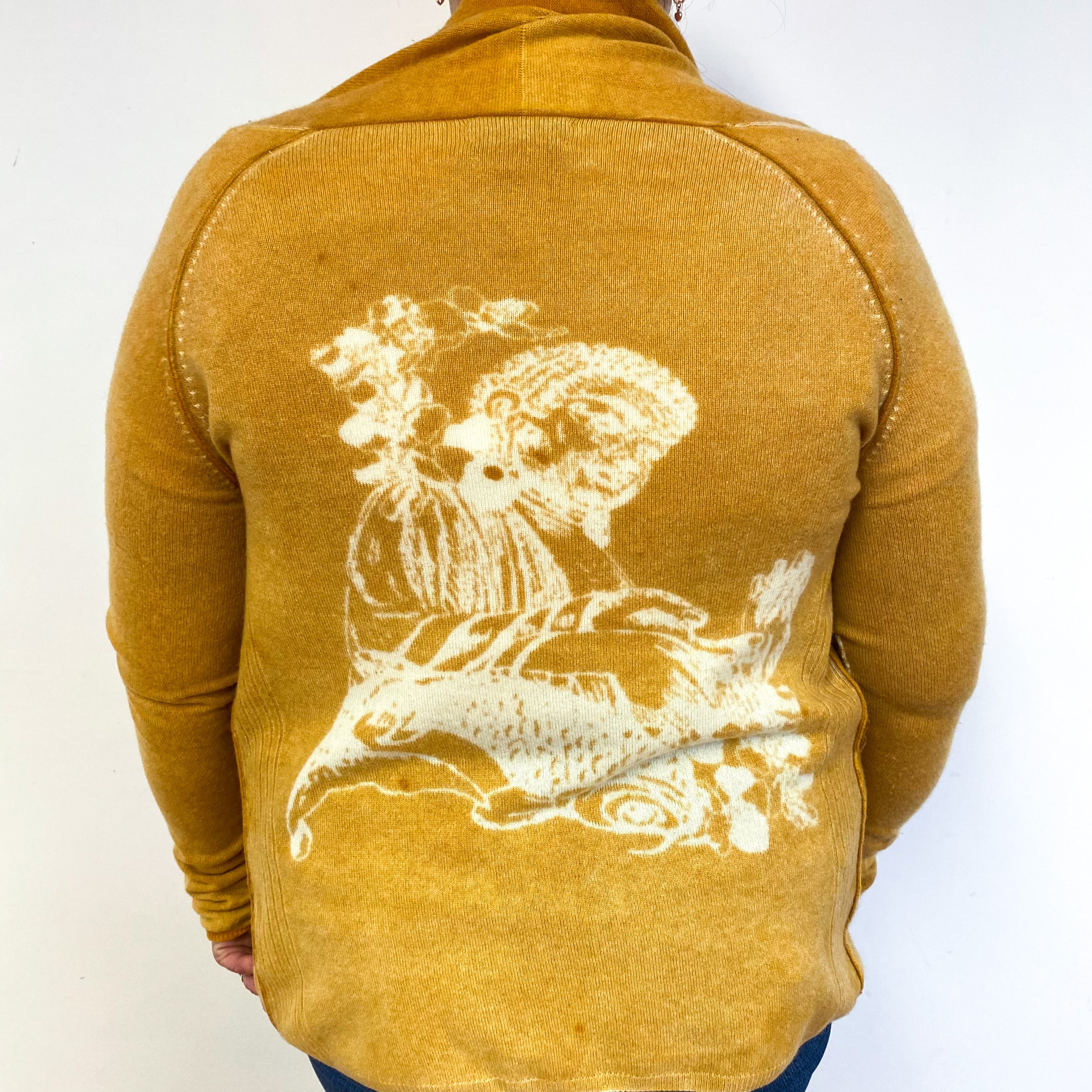Mustard Yellow Girl Motif Cashmere Edge to Edge Cardigan Extra Large