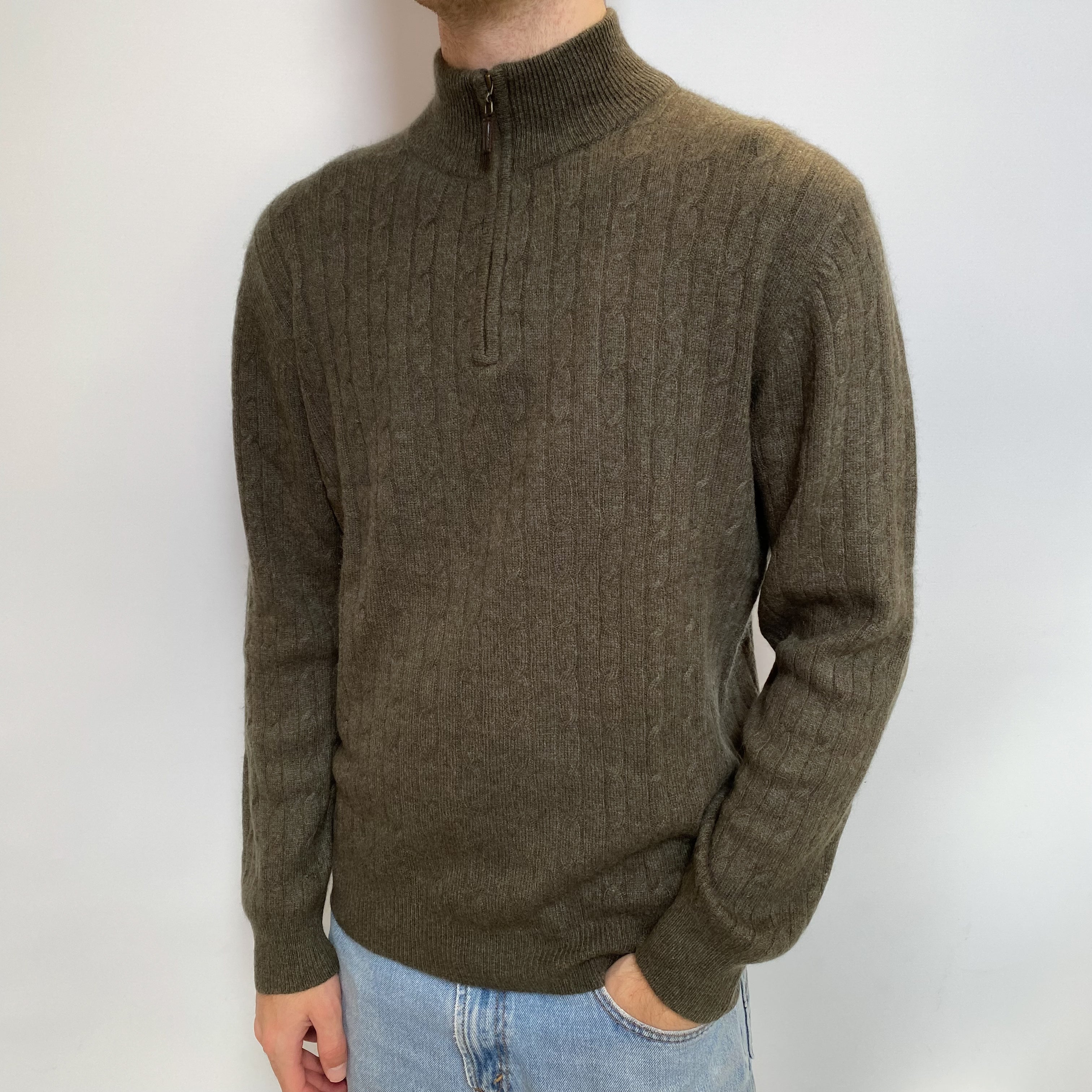 Men's Khaki Green Cashmere 1/4 Zip Front Jumper Large