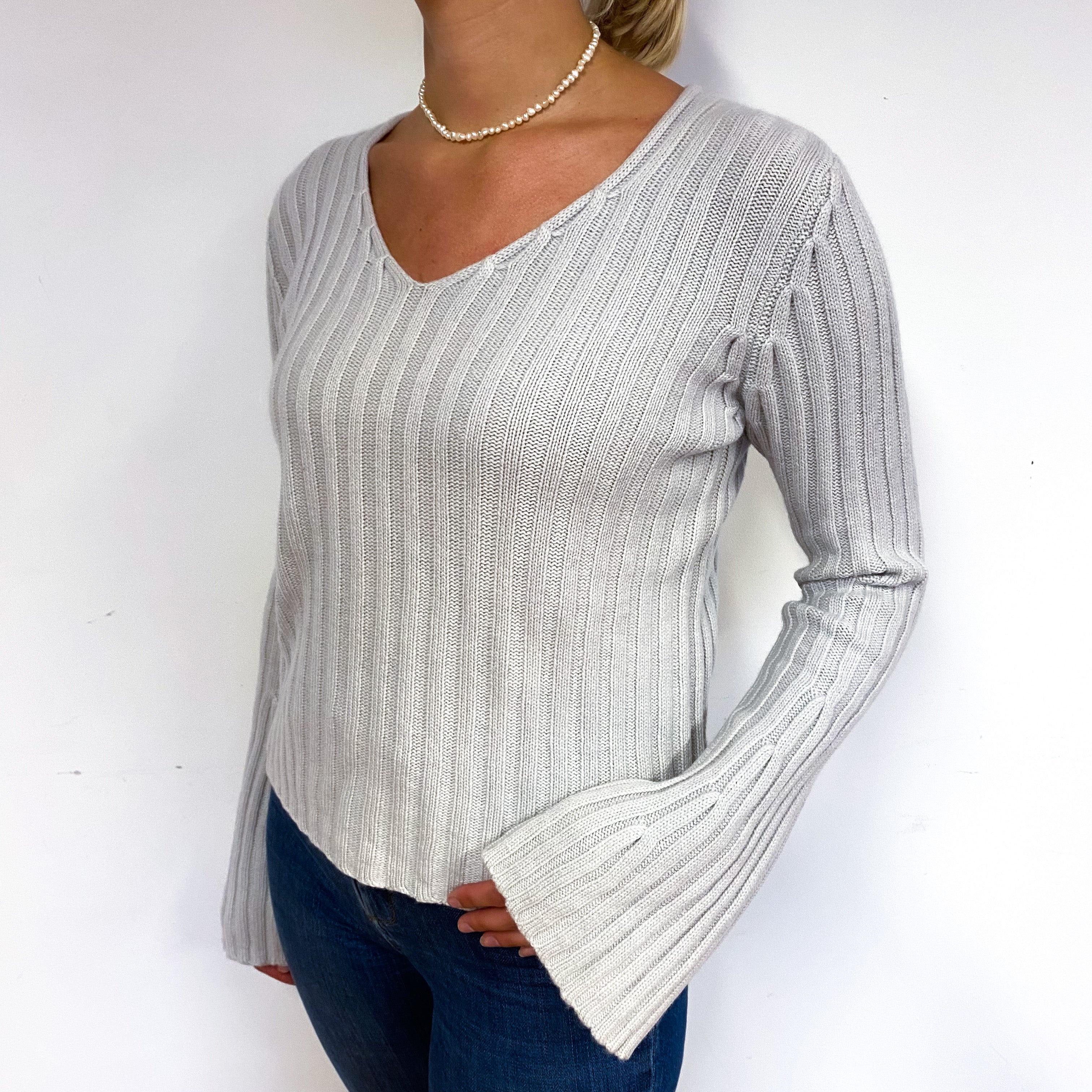 Ivory Grey Chunky Cashmere V-Neck Jumper Small