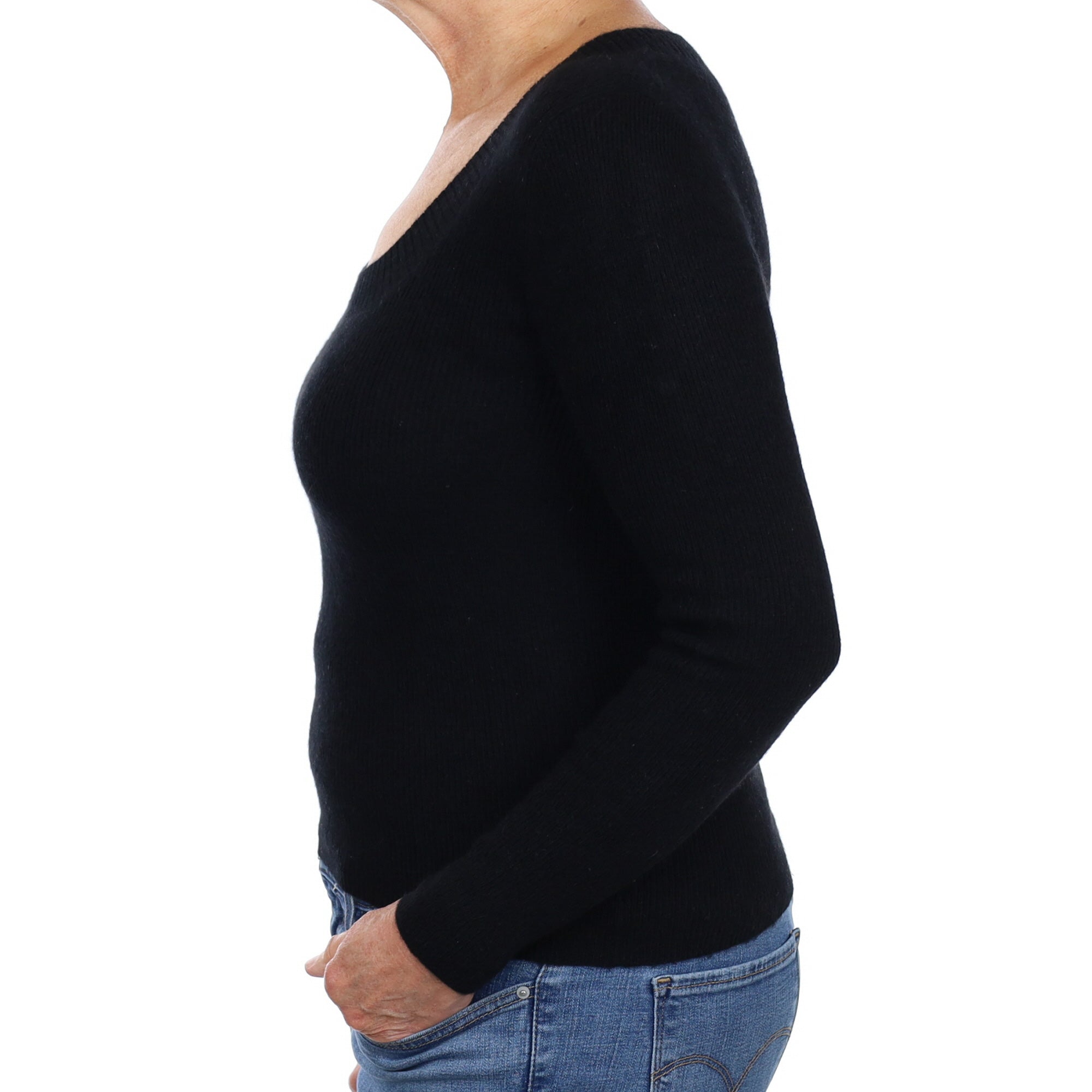 Black Skinny Rib Cashmere Scoop Neck Jumper Medium