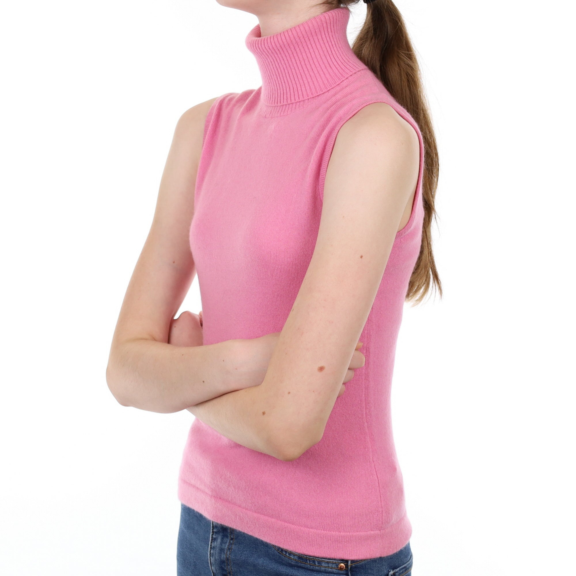 Bubblegum Pink Cashmere Polo Neck Sleeveless Jumper Extra Small