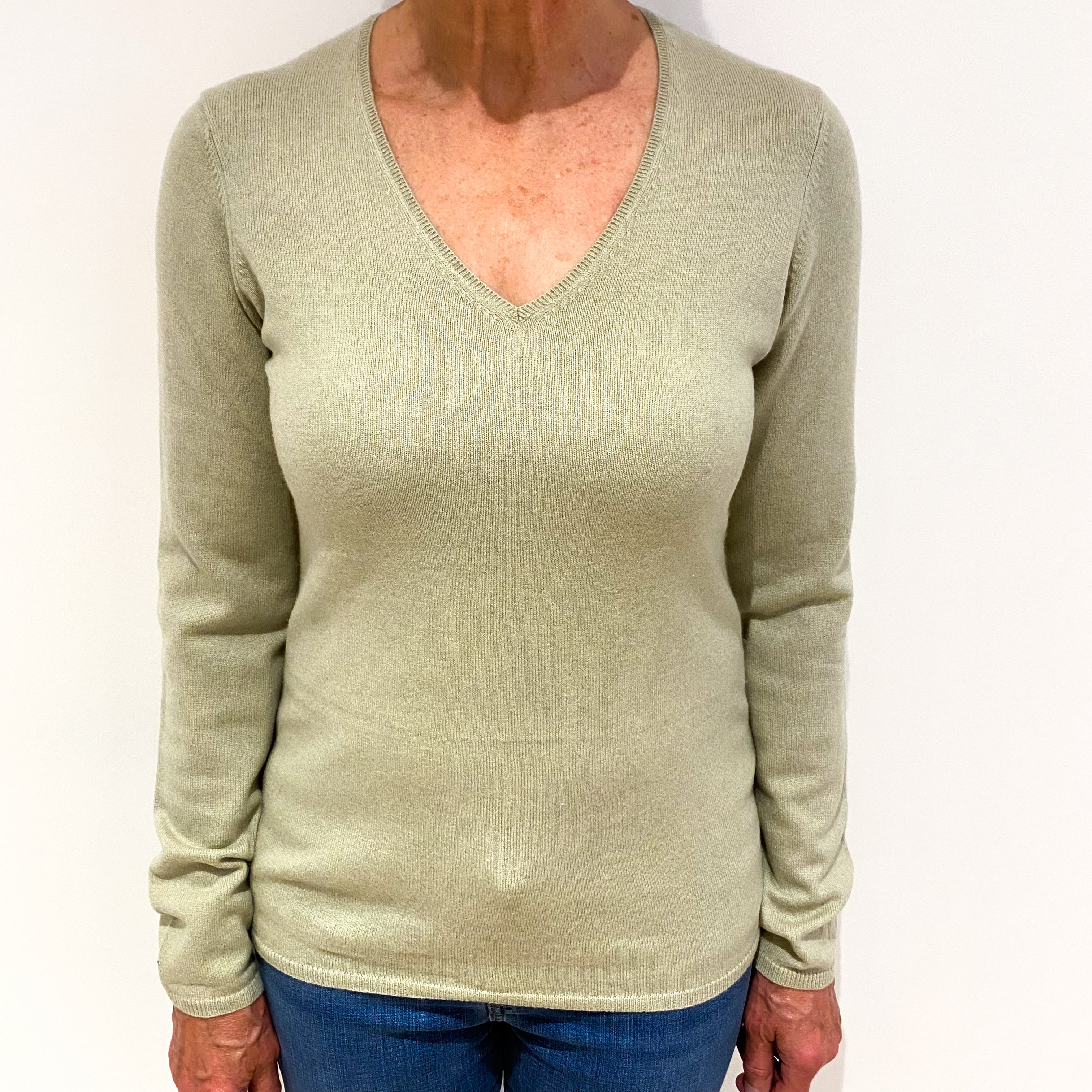 Celery Green Cashmere V Neck Jumper Medium
