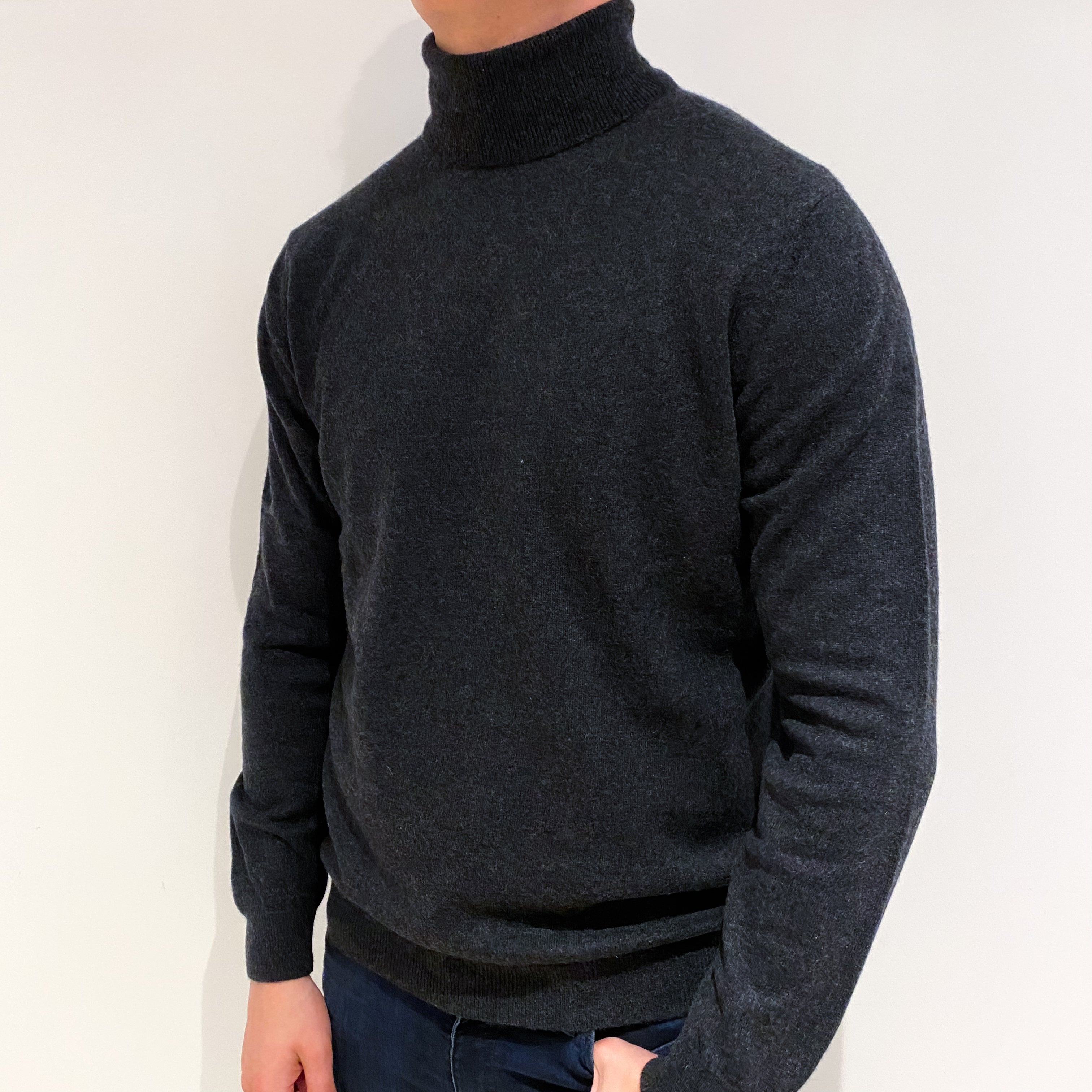 Men's Charcoal Grey Cashmere Polo Neck Jumper XL