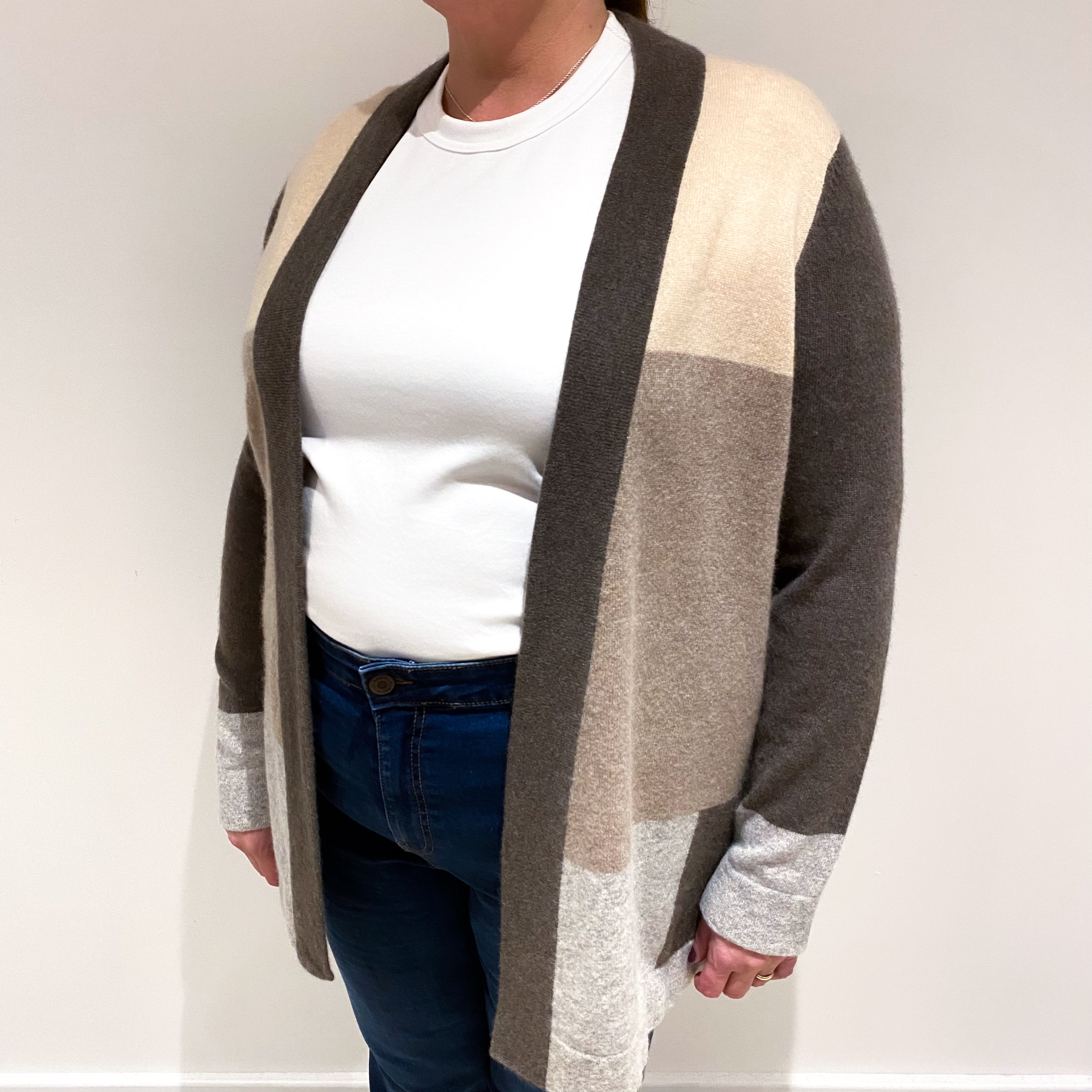 Brown Colour Block Cashmere Edge to Edge Cardigan Extra Large