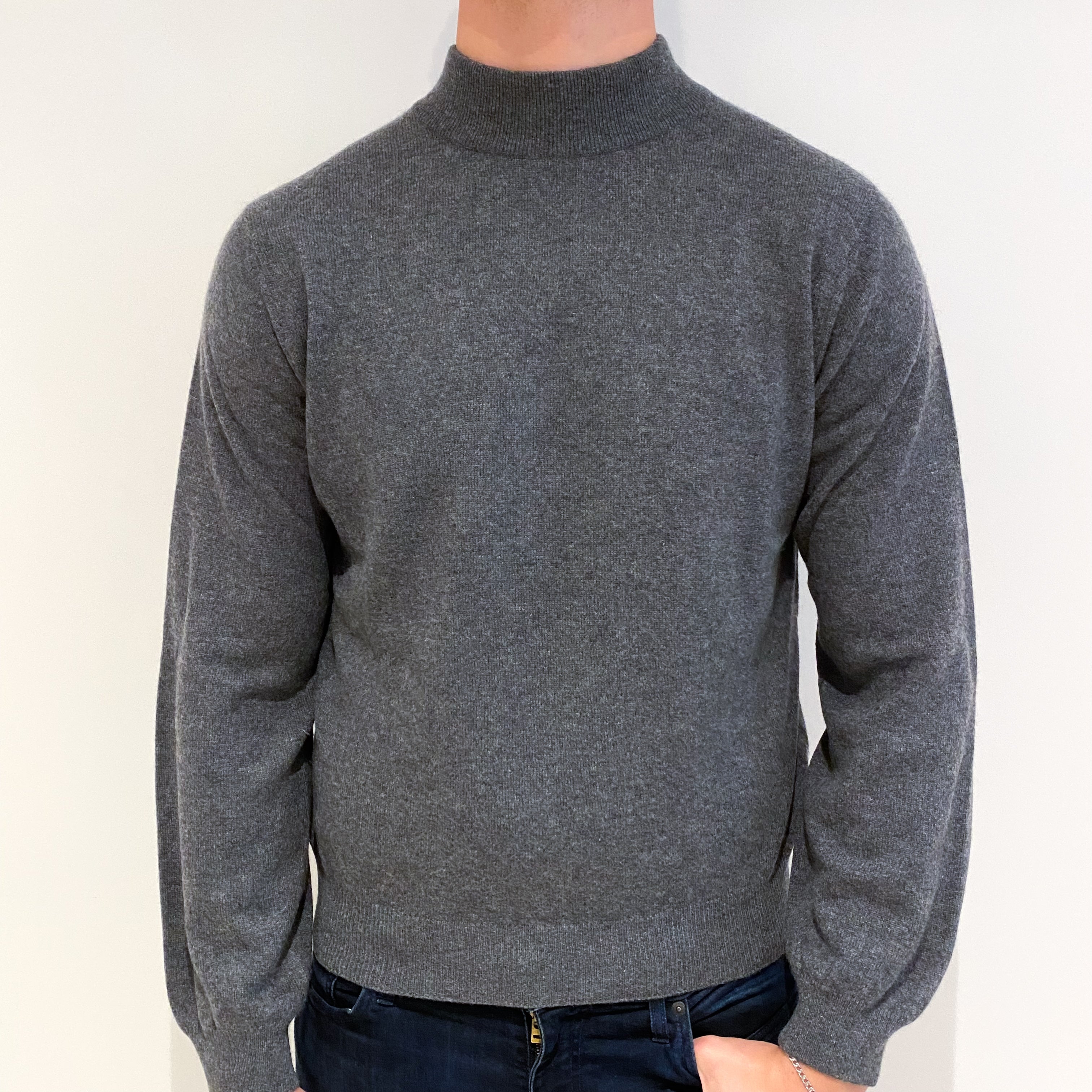 Men's Grey Cashmere Turtle Neck Jumper Extra Large