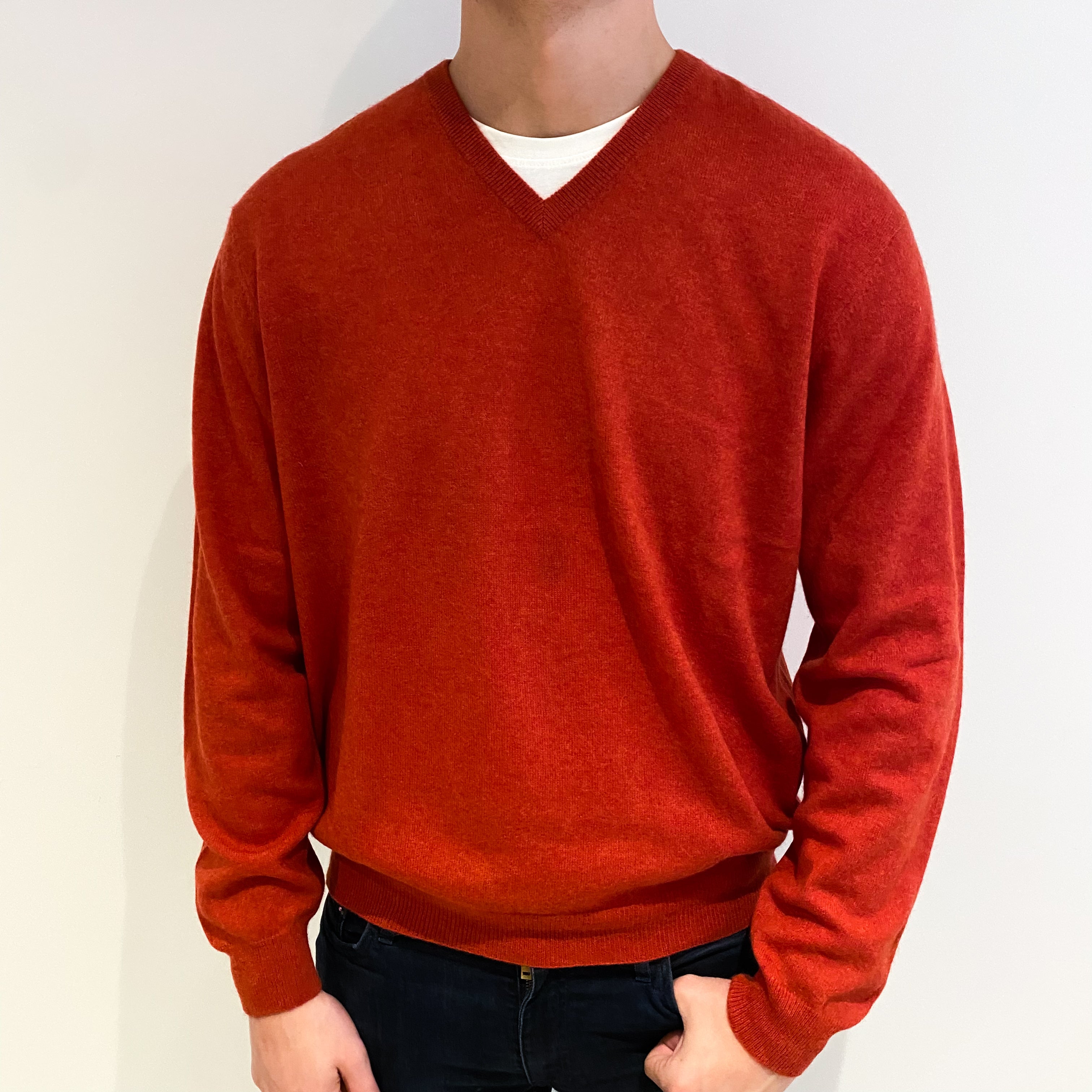 Men's Paprika Orange Cashmere V Neck Jumper XXL