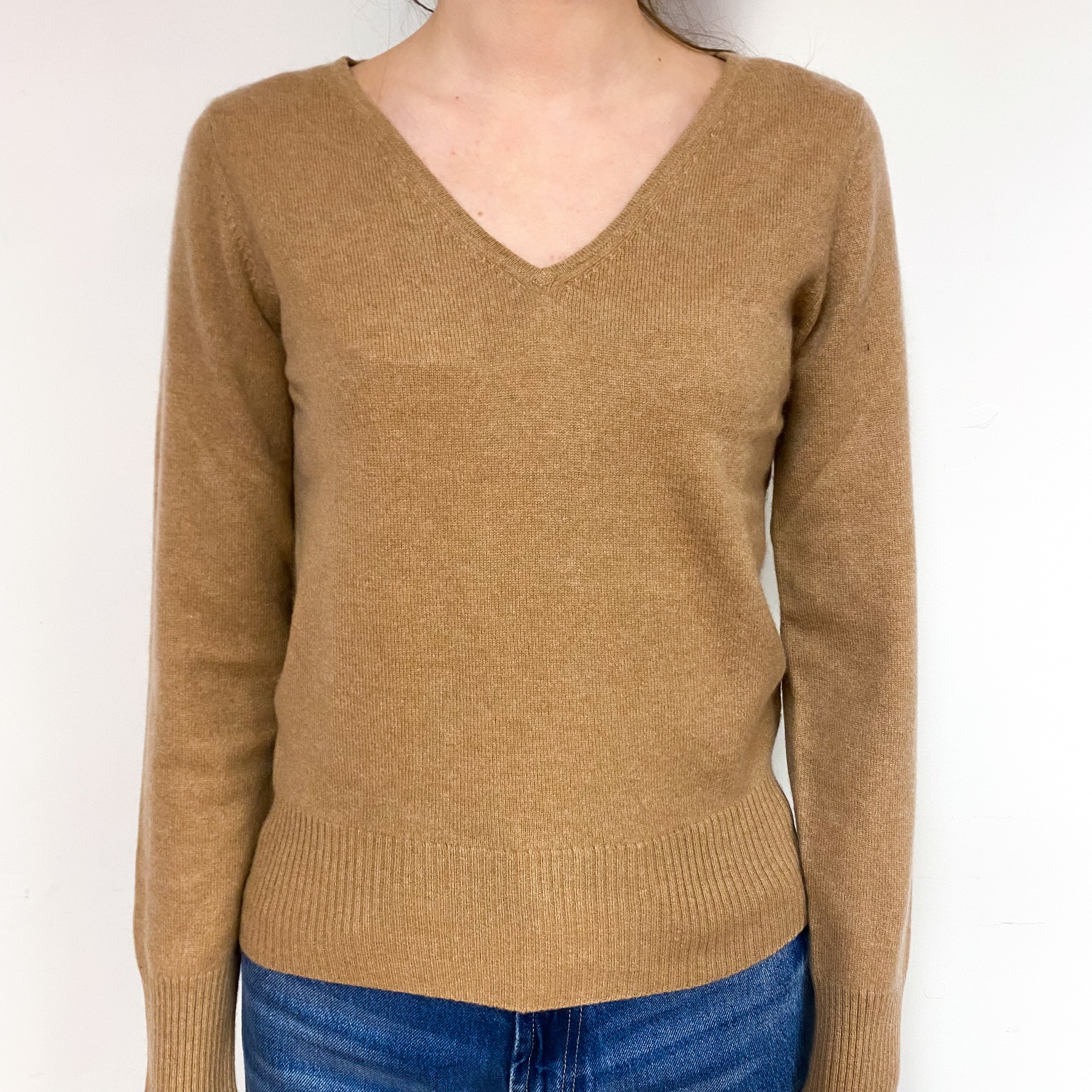 Camel Brown Cashmere V-Neck Jumper Extra Small