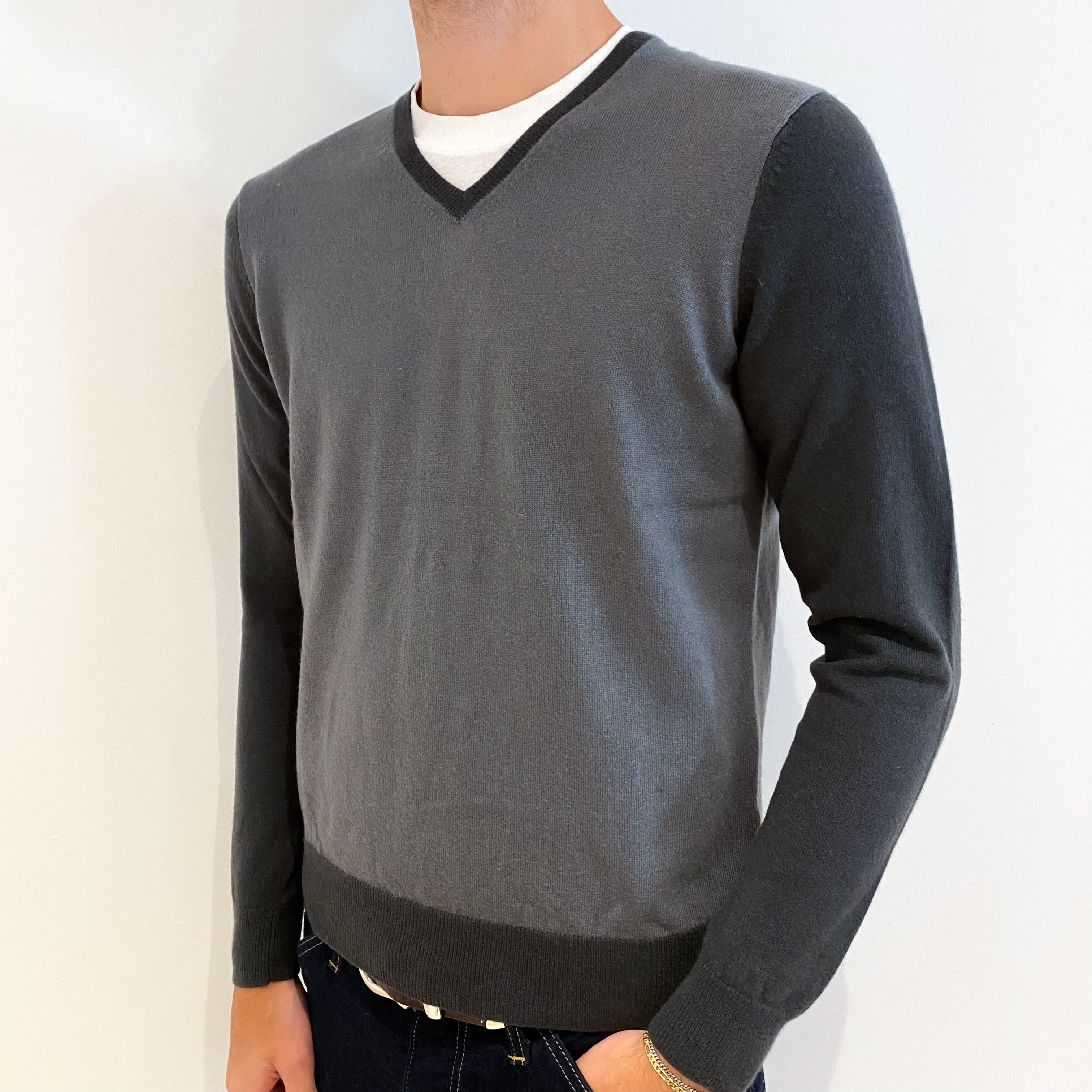 Men's Grey and Dark Grey Sleeves Cashmere V-Neck Jumper Medium