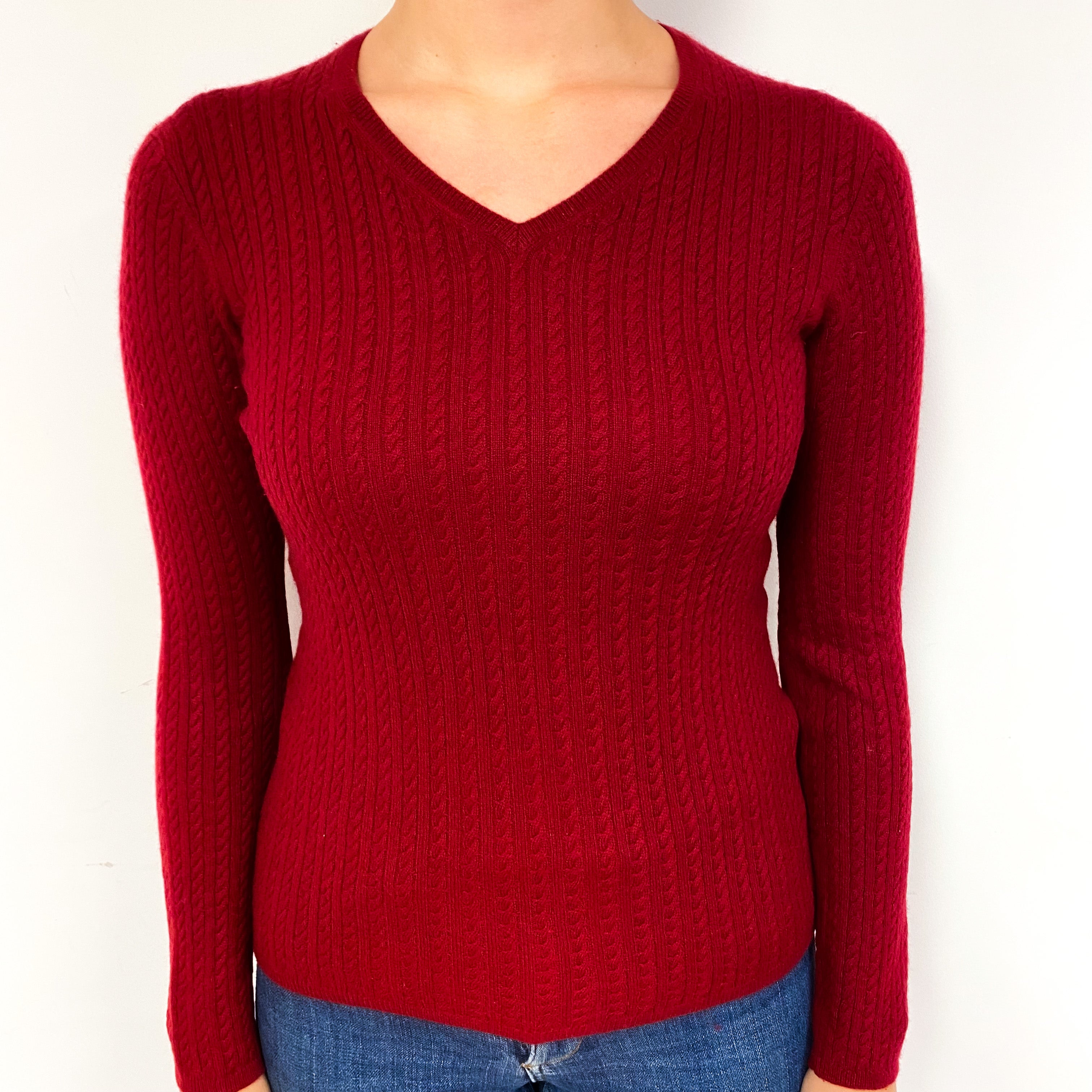 Crimson Red Cable Cashmere V-Neck Jumper Small