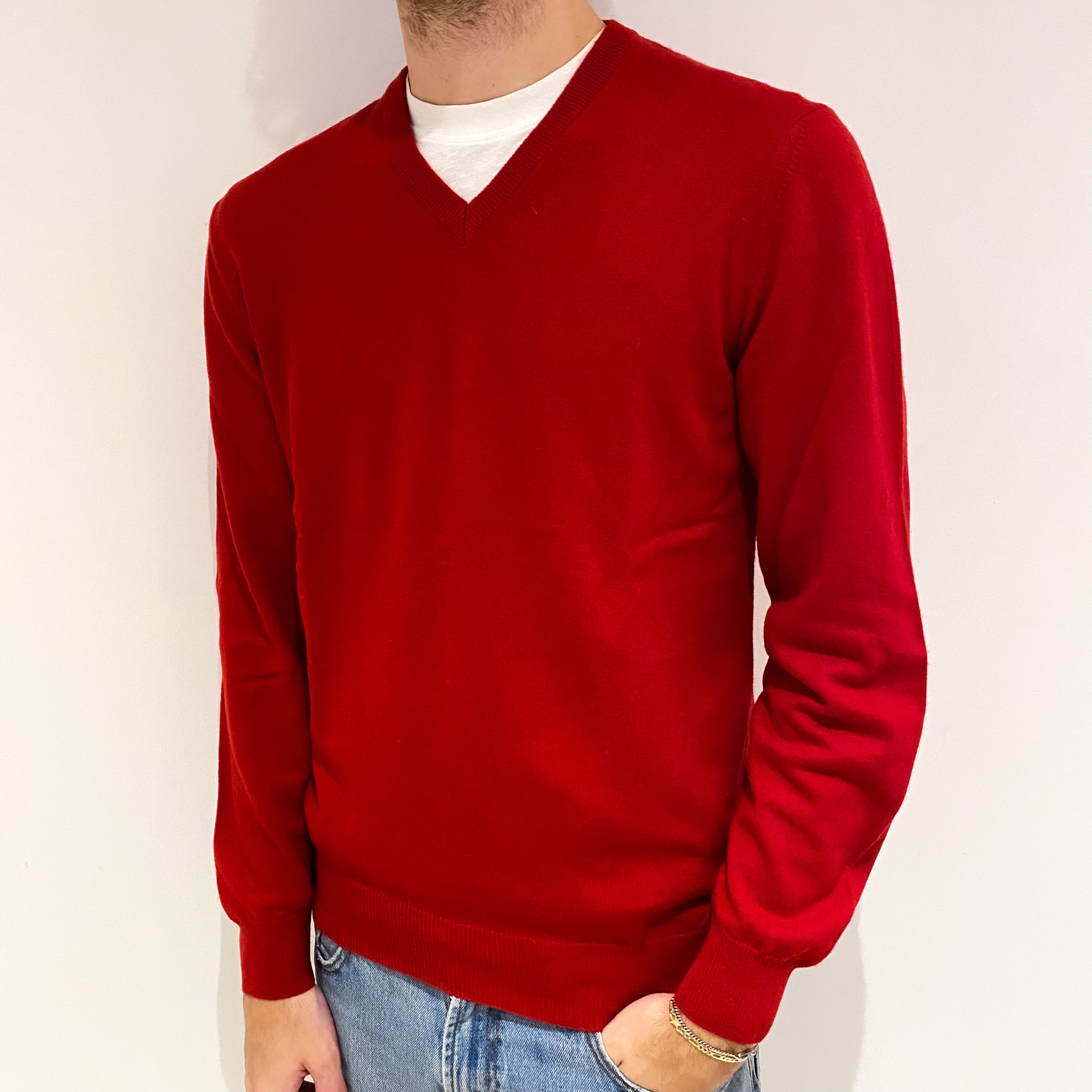 Men's Scarlet Red Cashmere V Neck Jumper Medium