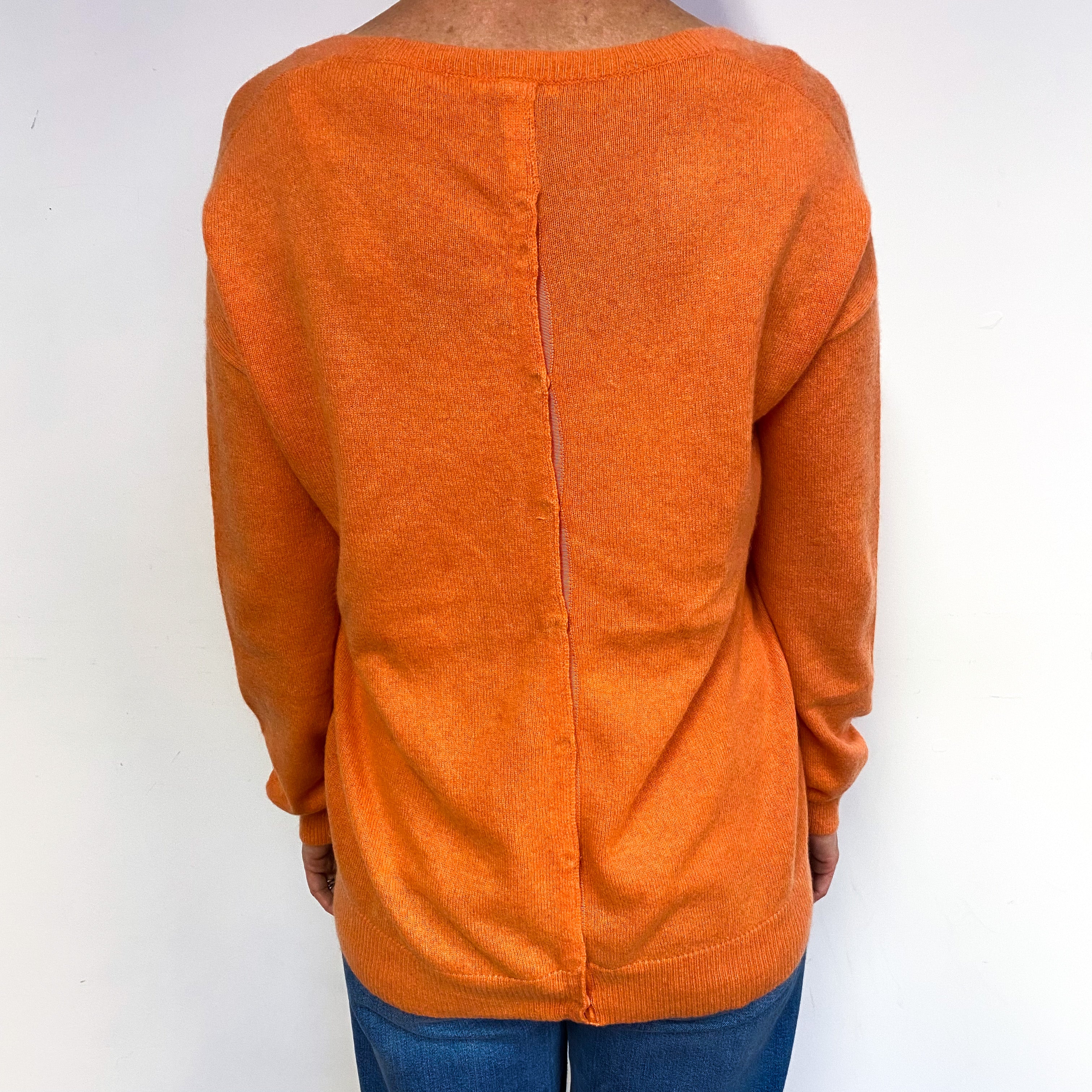 Tangerine Orange Popper Back Cashmere V-Neck Jumper Medium