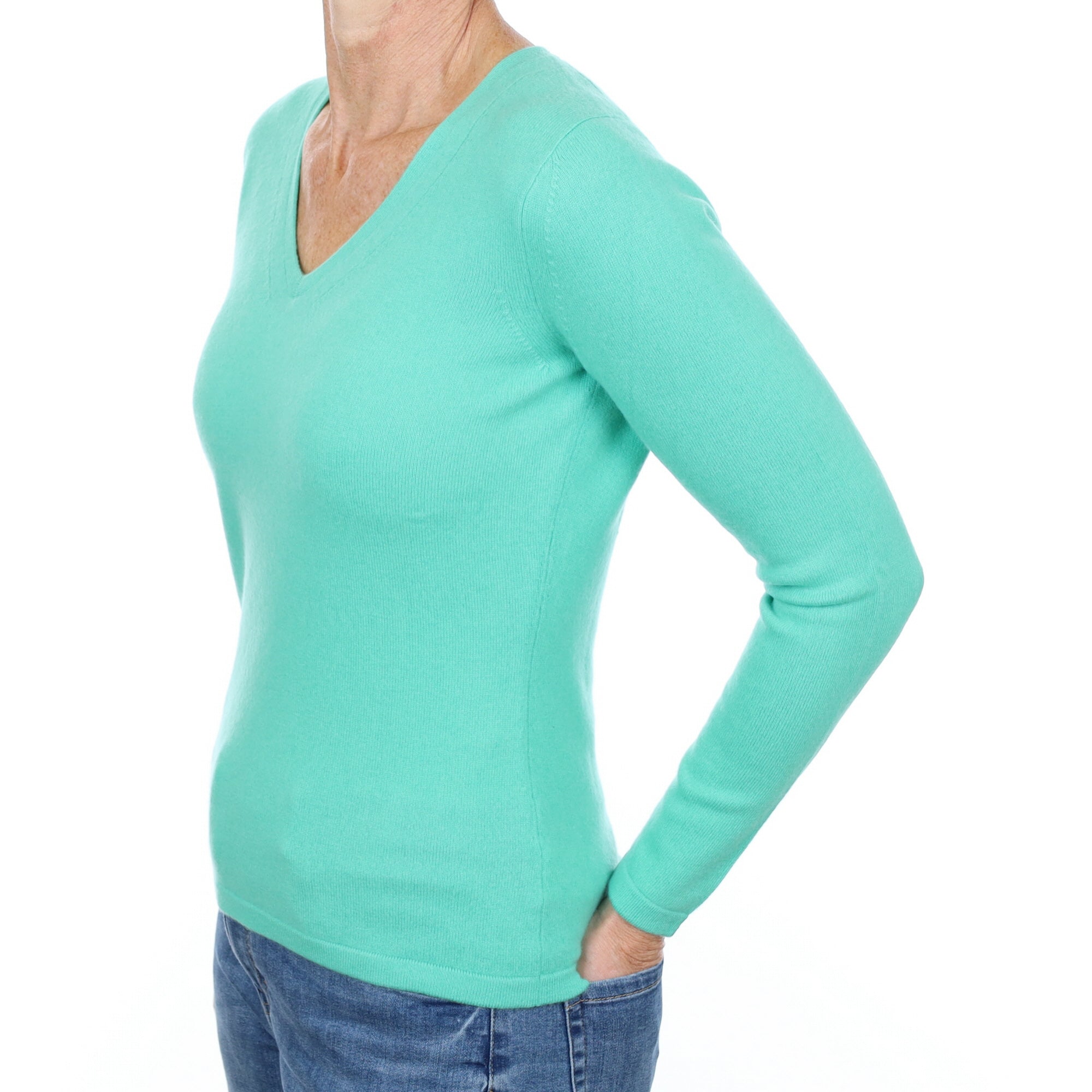 New Spring Green Cashmere V Neck Jumper Small