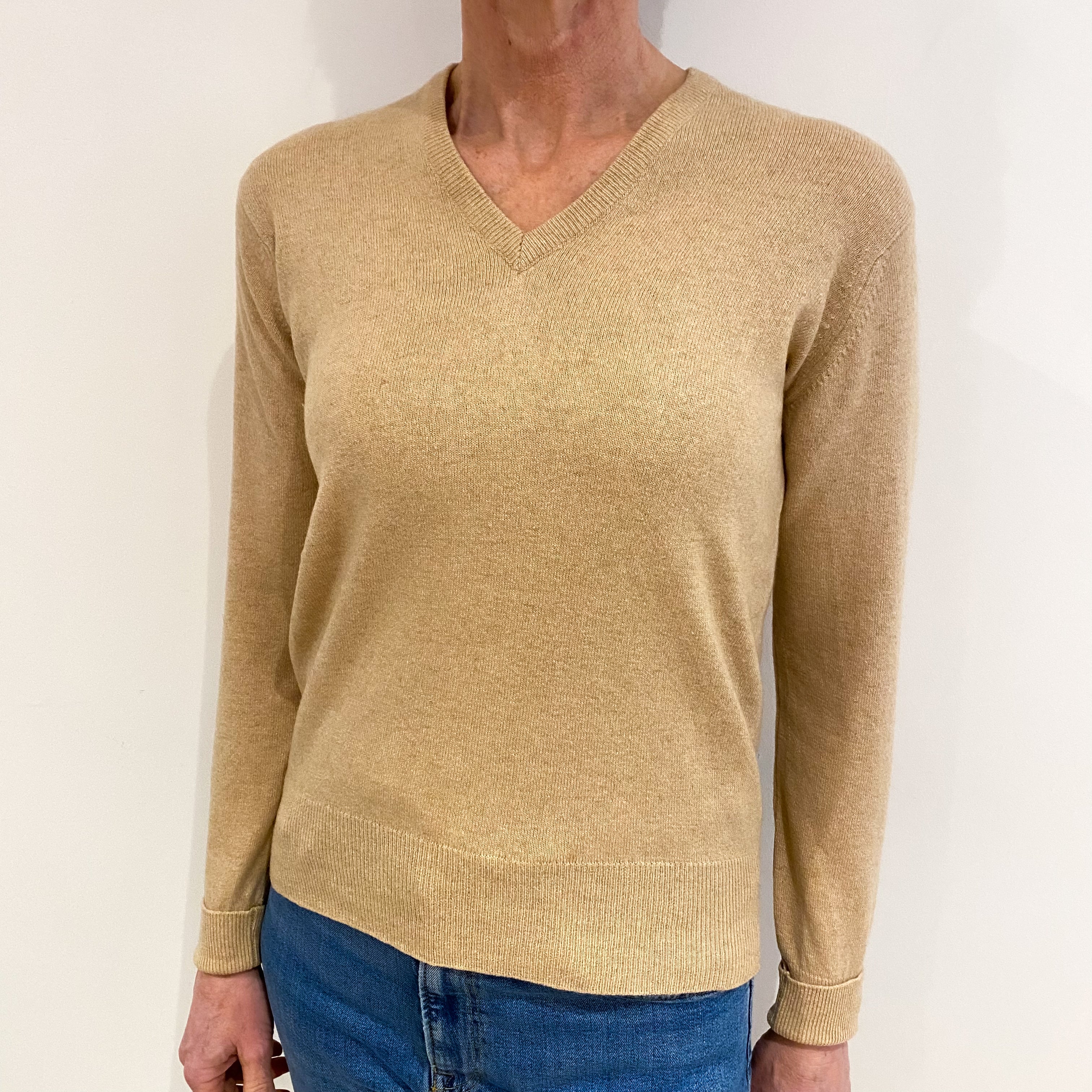 Vintage Scottish Sand Beige Cashmere V Neck Jumper Small