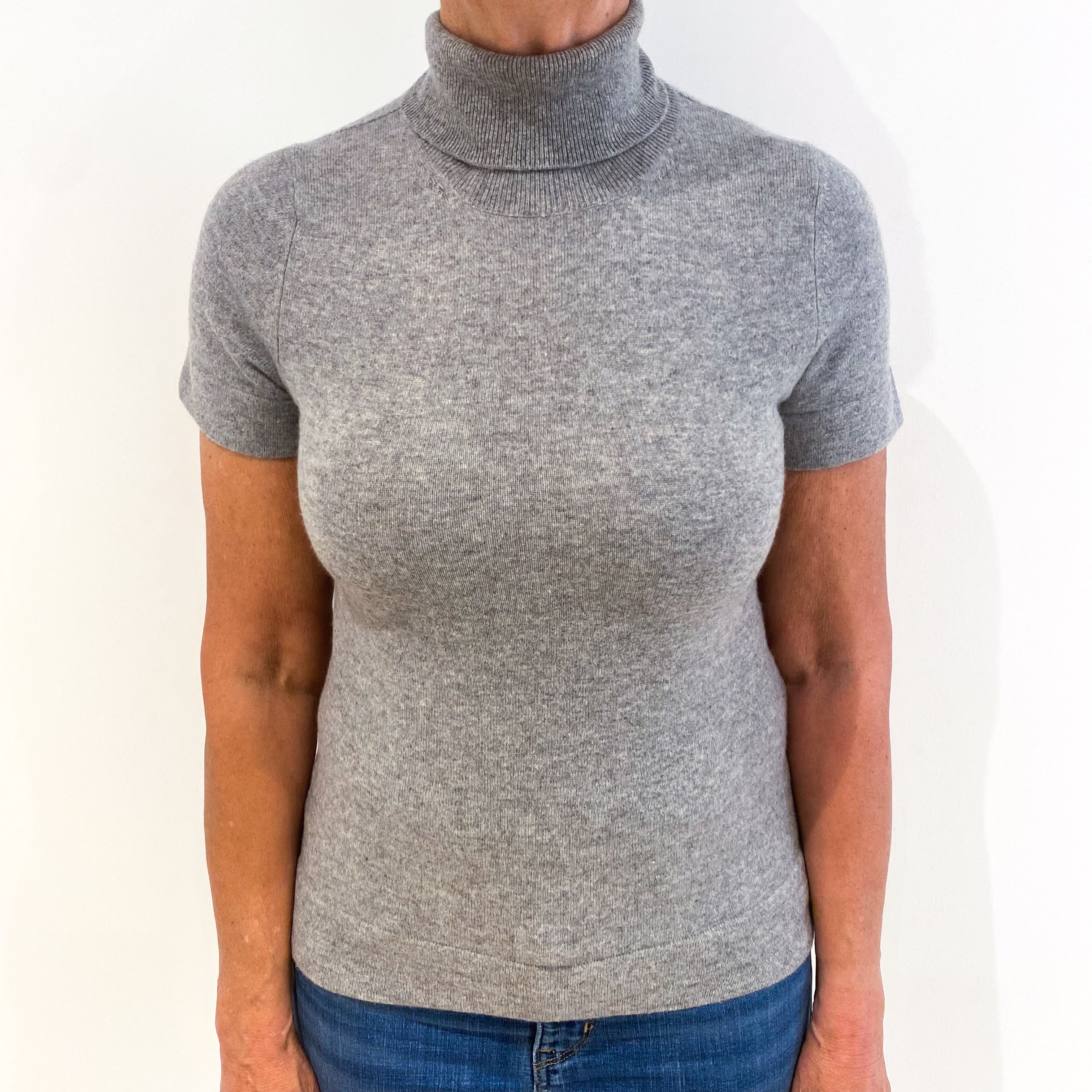 Smoke Grey Cashmere Short Sleeved Polo Neck Jumper Medium