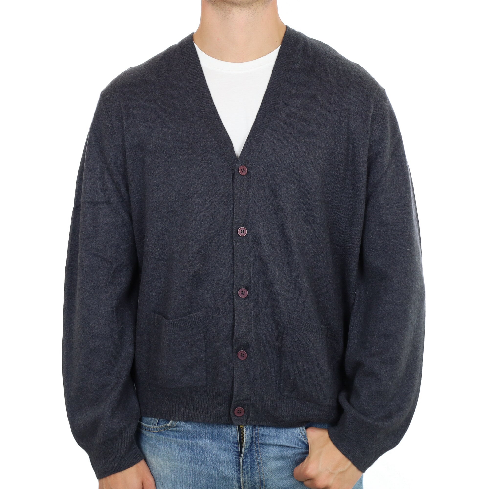 Men's Dark Steel Grey Cashmere V Neck Cardigan XXL