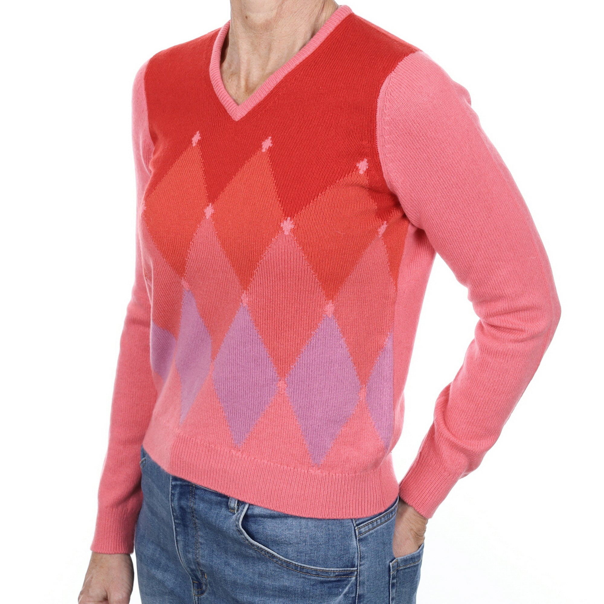 Scottish Pink Diamond Cashmere V Neck Jumper Small