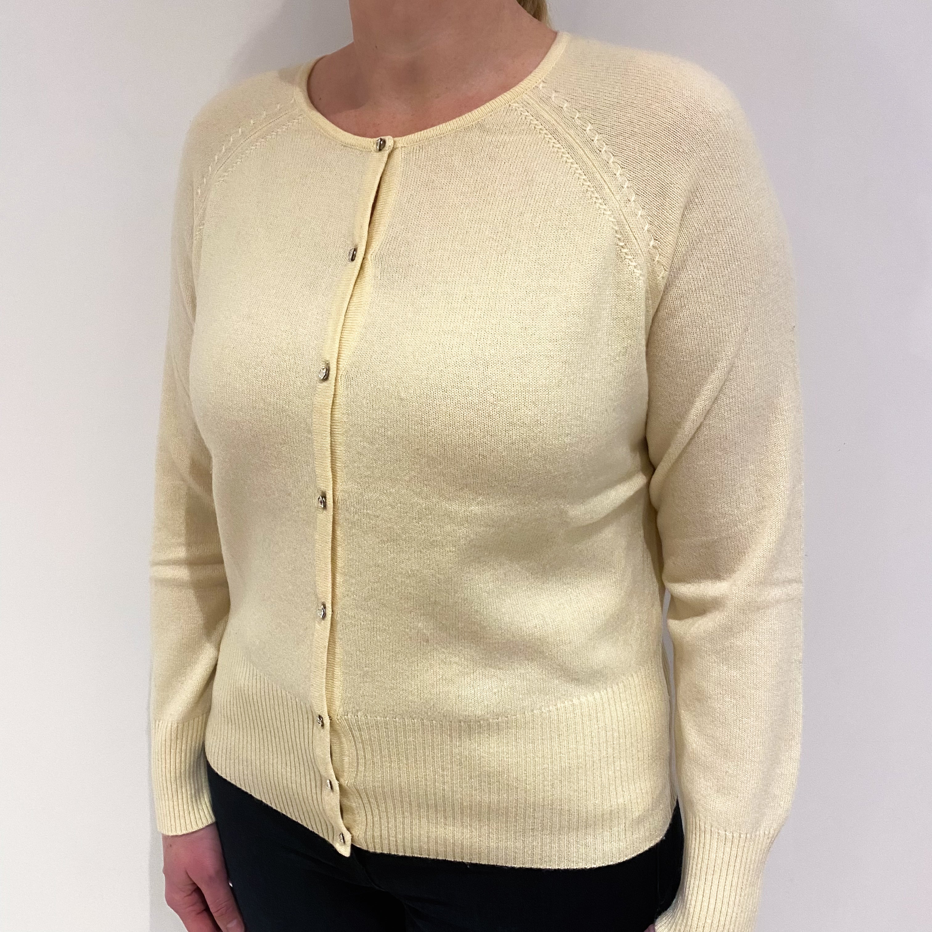 Pale Primrose Yellow Cashmere Crew Neck Cardigan Large