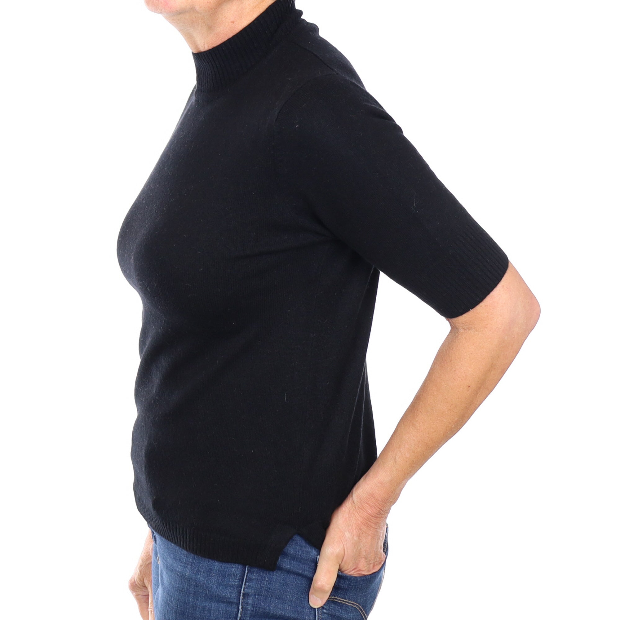 Black Cashmere Short Sleeved Turtle Neck Jumper Medium