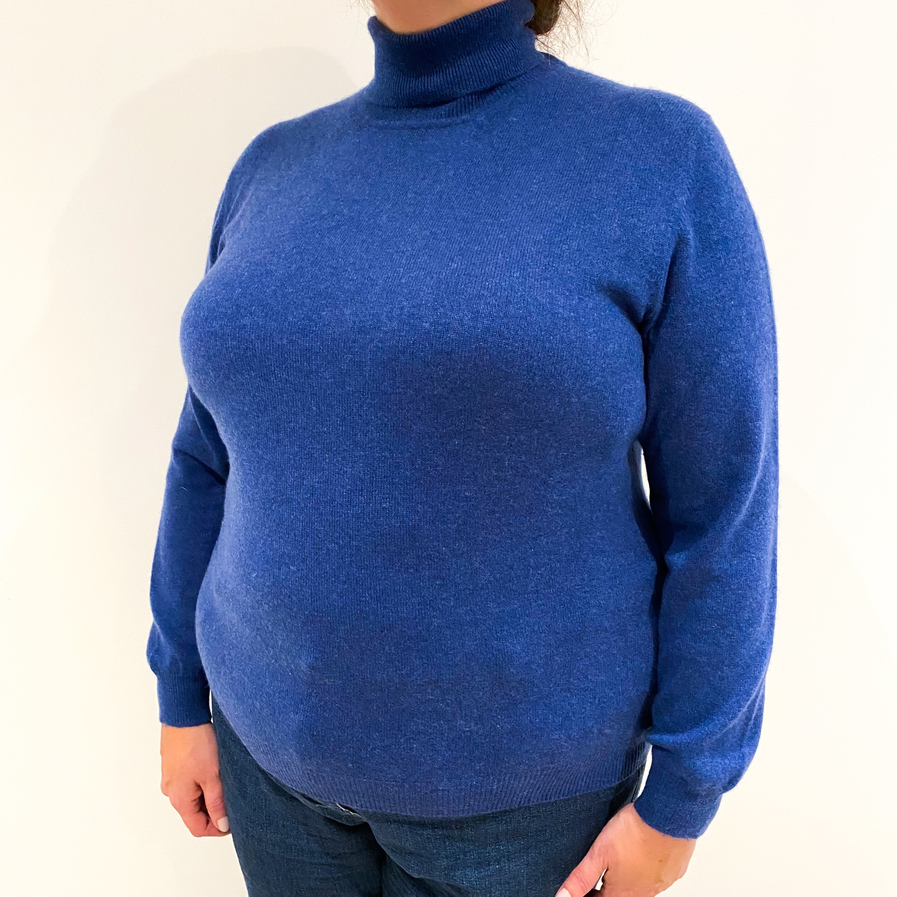 Denim Blue Cashmere Polo Neck Jumper Extra Large