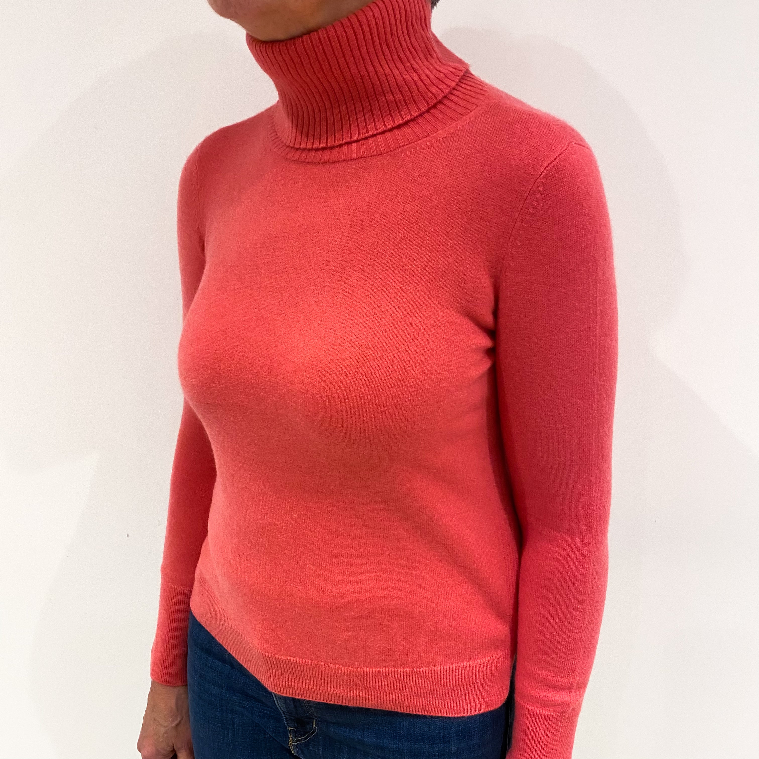 Deep Coral Pink Cashmere Polo Neck Jumper Medium