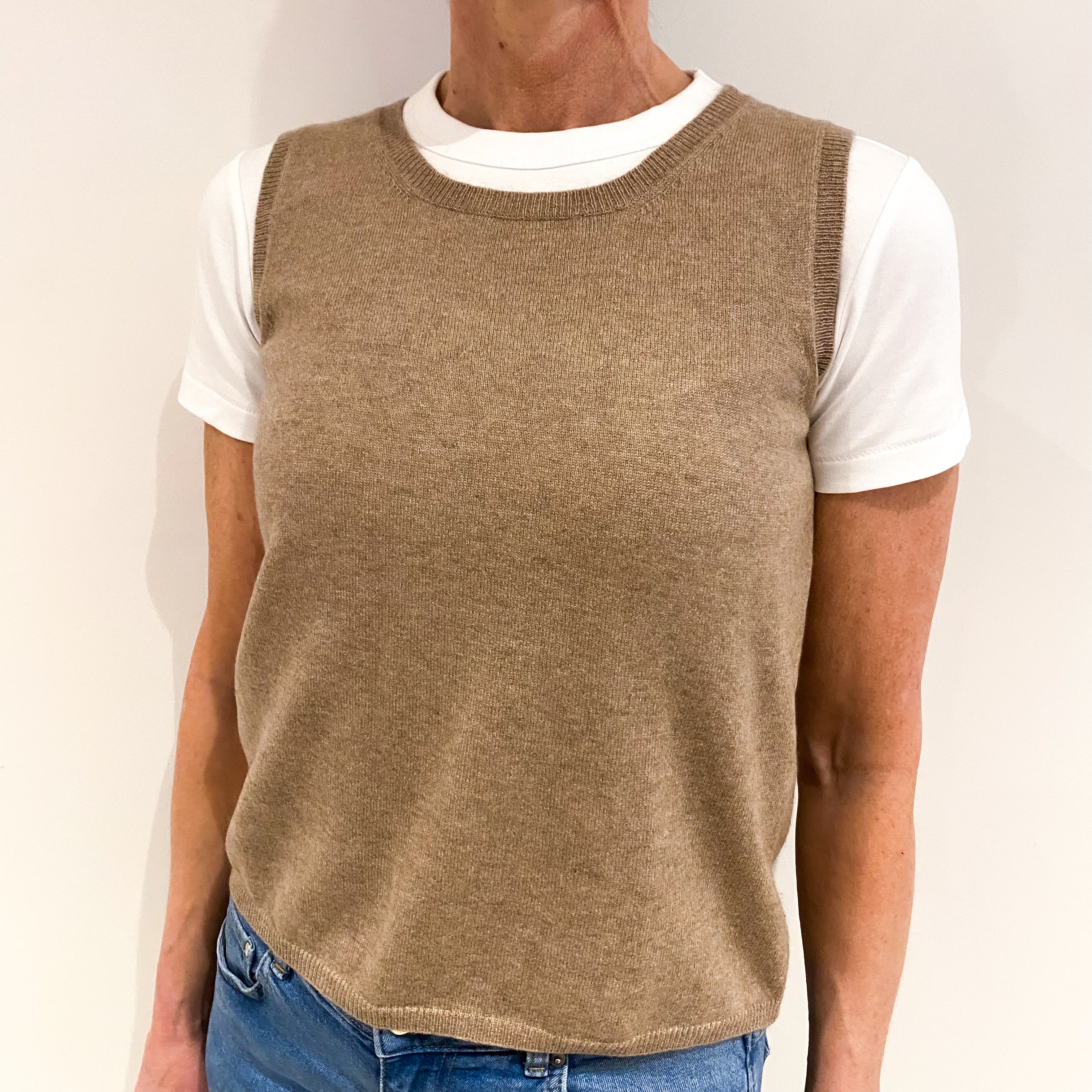 Taupe Brown Cashmere Crew Neck Sleeveless Tank Top Small