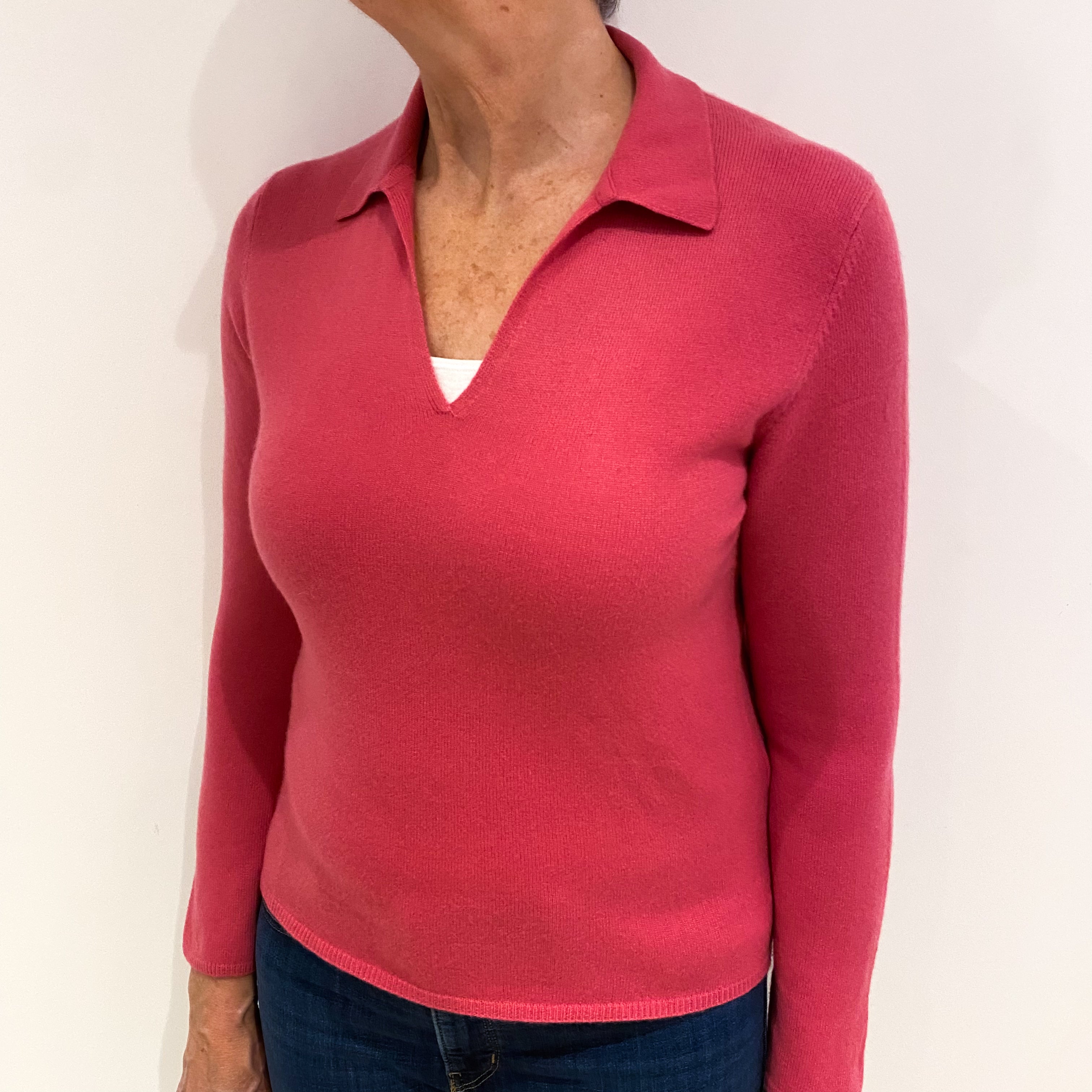 Tulip Pink Cashmere Collared V Neck Cardigan Medium