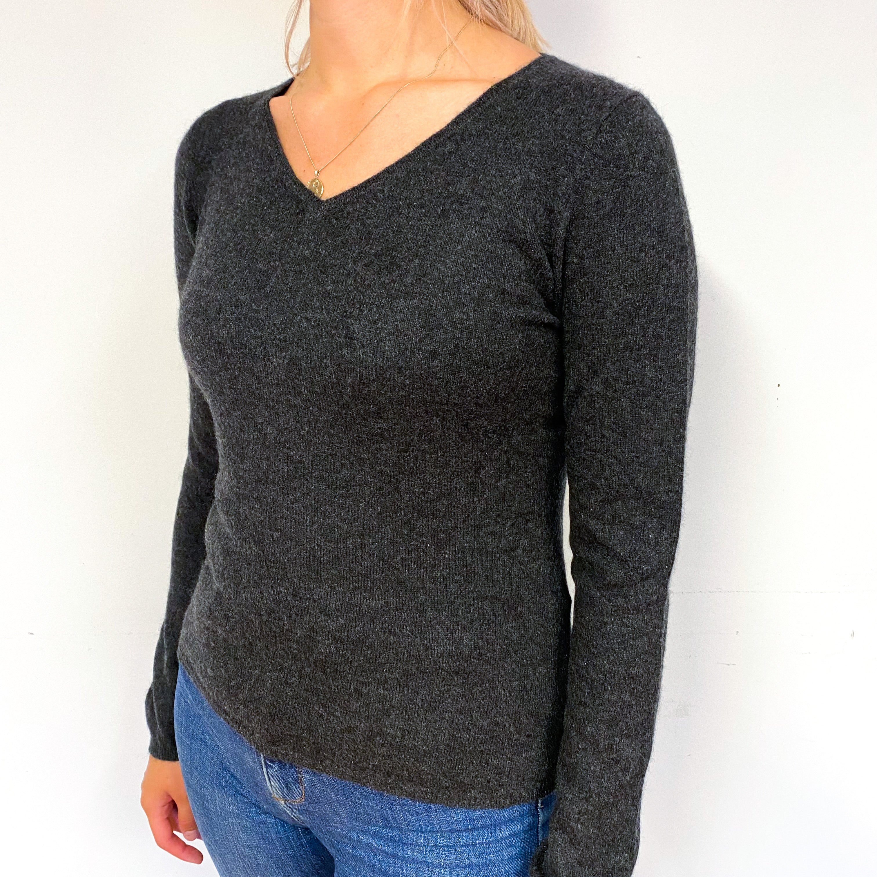 Dark Slate Grey Cashmere V-Neck Jumper Small