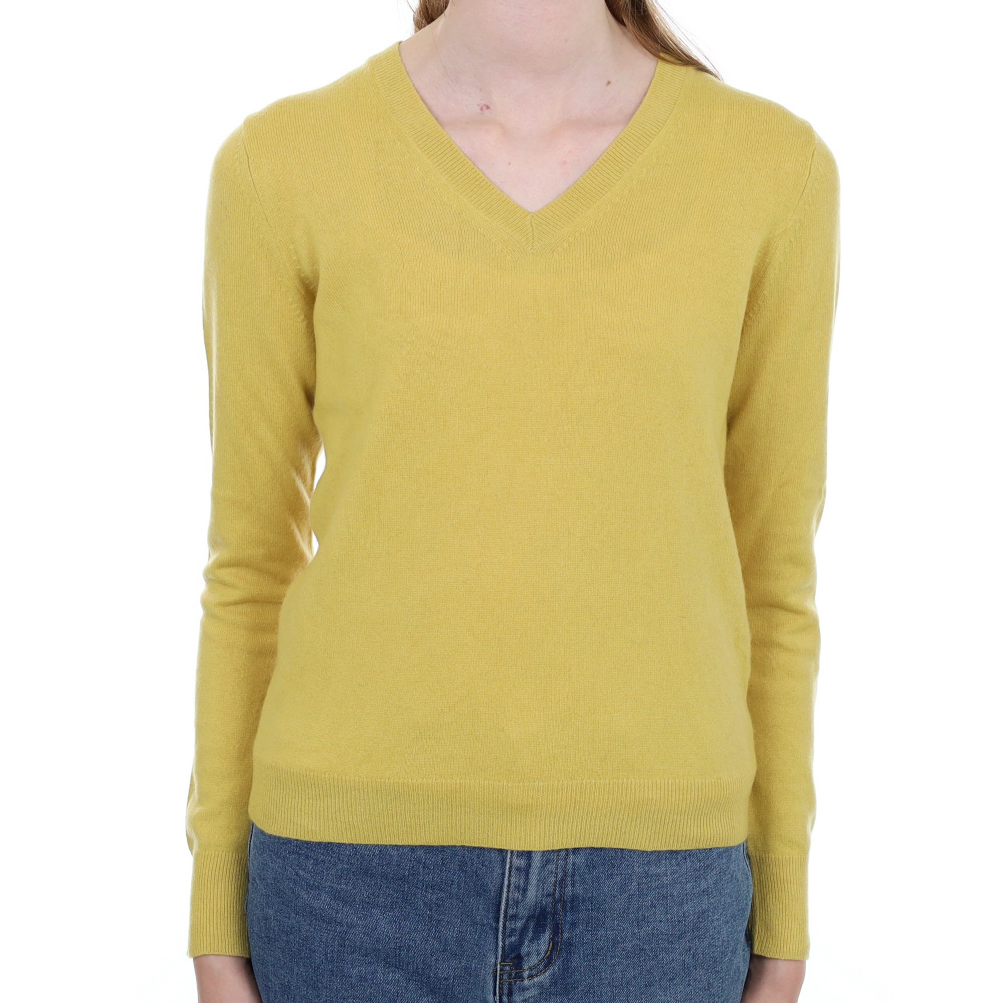 Flaxen Yellow Cashmere V Neck Jumper Extra Small