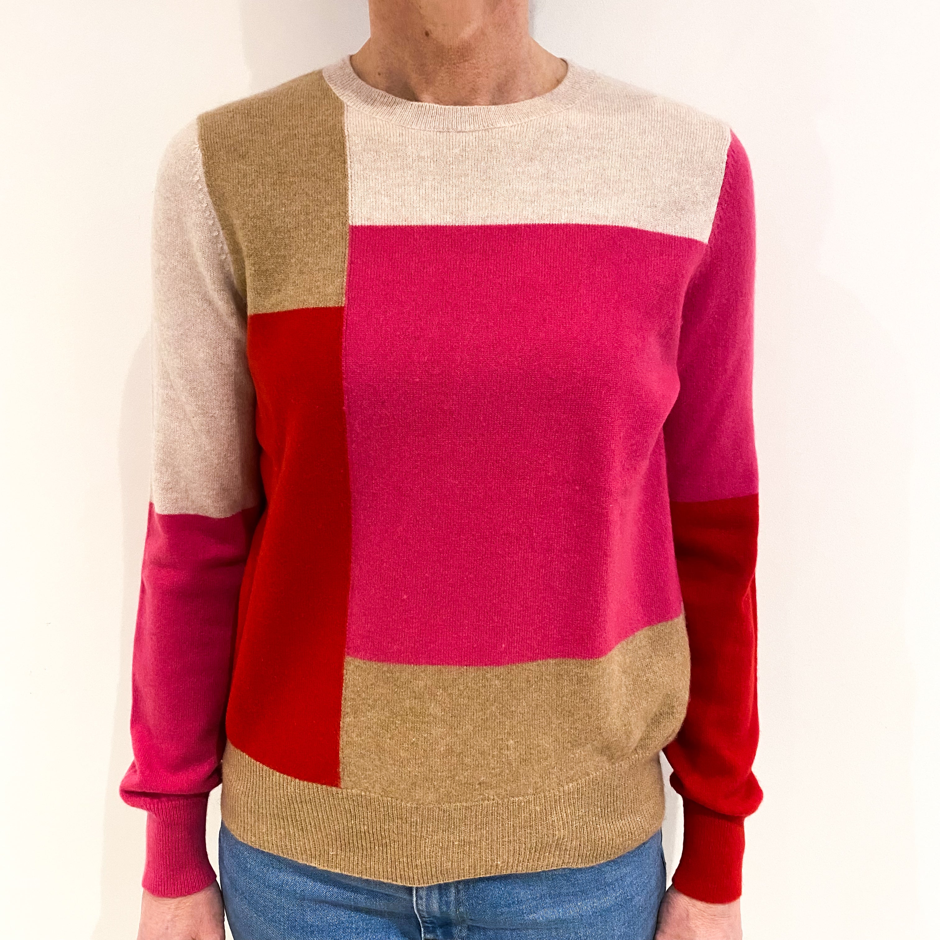 Oatmeal Beige Colour Block Cashmere Crew Neck Jumper Small