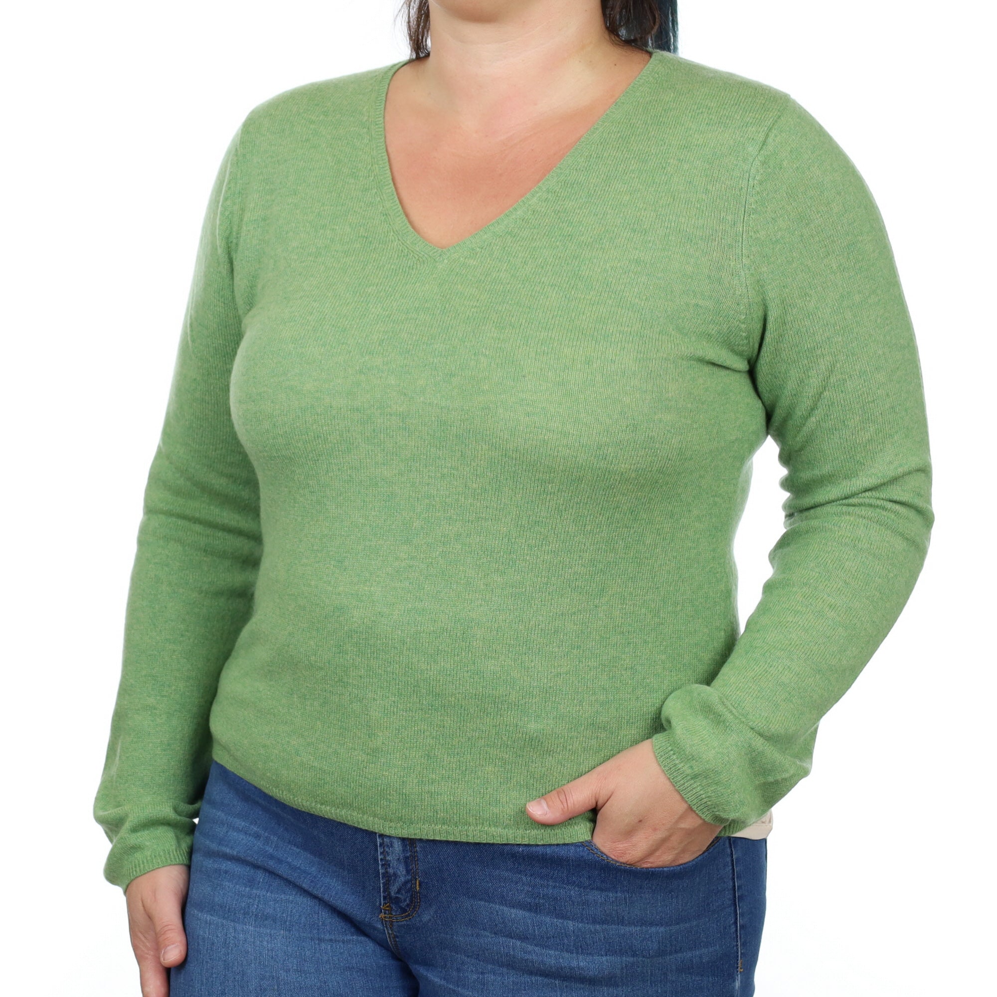 Pear Green Cashmere V Neck Jumper Large