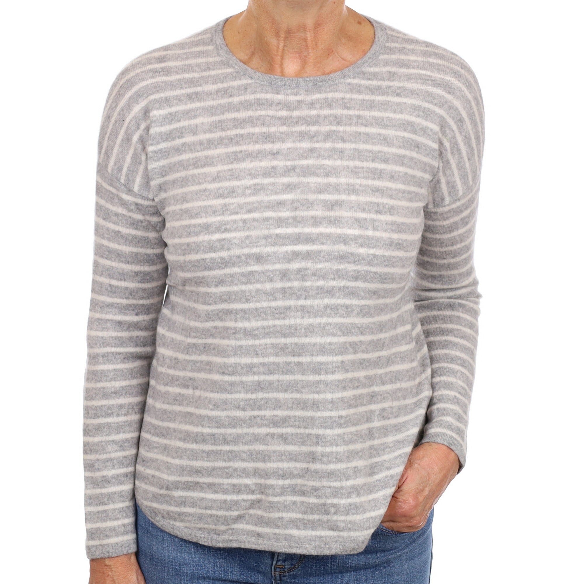 Smoke Grey Stripe Cashmere Crew Neck Jumper Medium