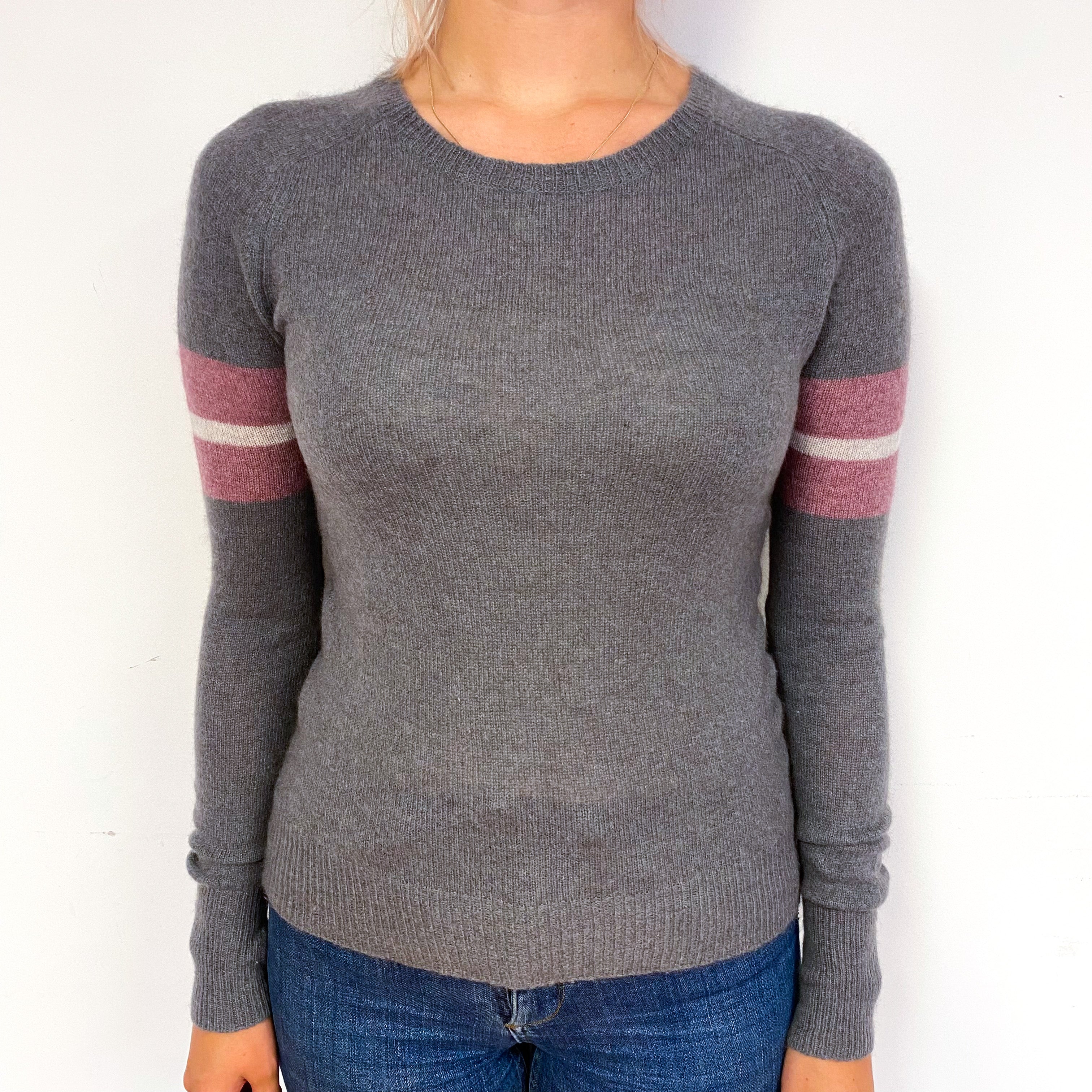Steel Grey Heather Trim Cashmere Crew Neck Jumper Small