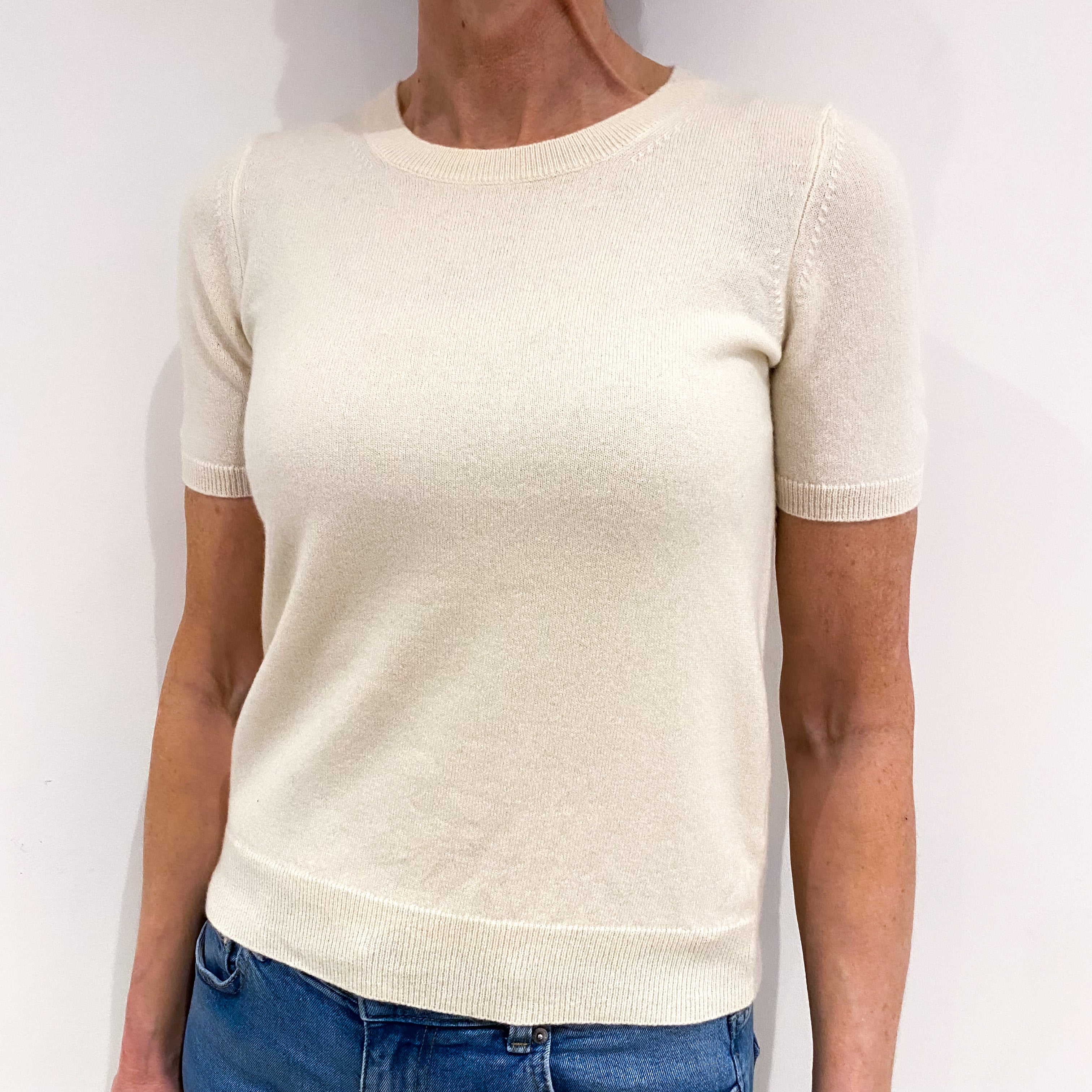 Vanilla Cream Short Sleeved Cashmere Polo Neck Jumper Small
