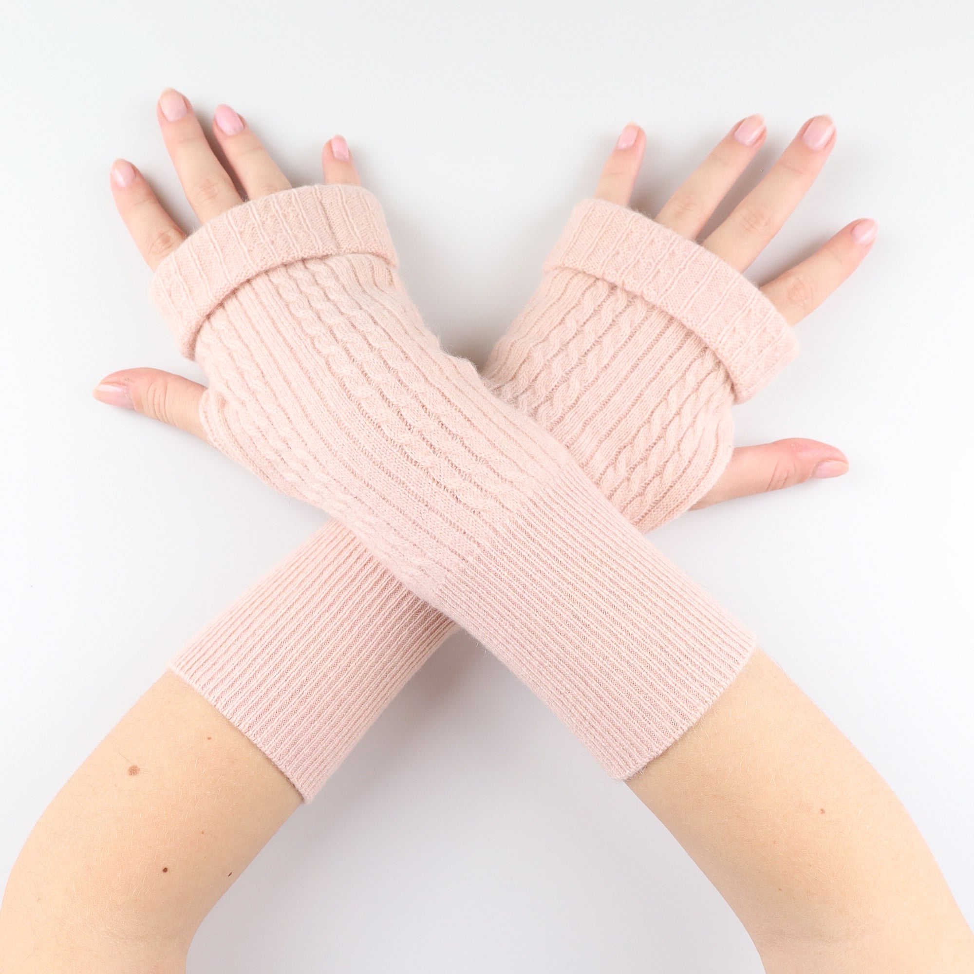Pale Pink Textured Knit Fingerless Gloves