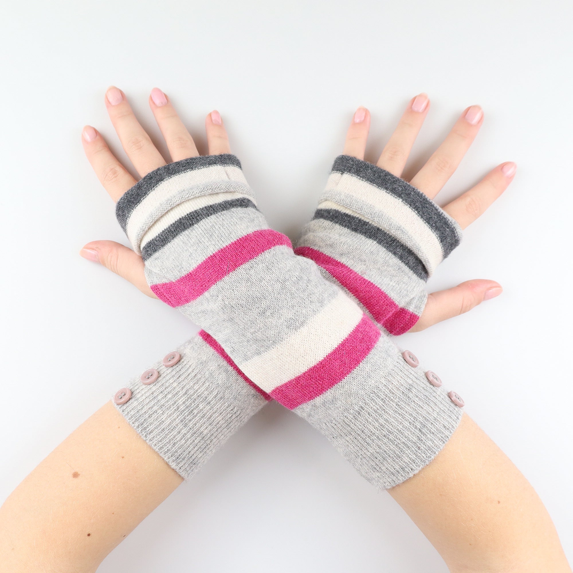 Grey Pink and Cream Striped Button Detail Fingerless Gloves