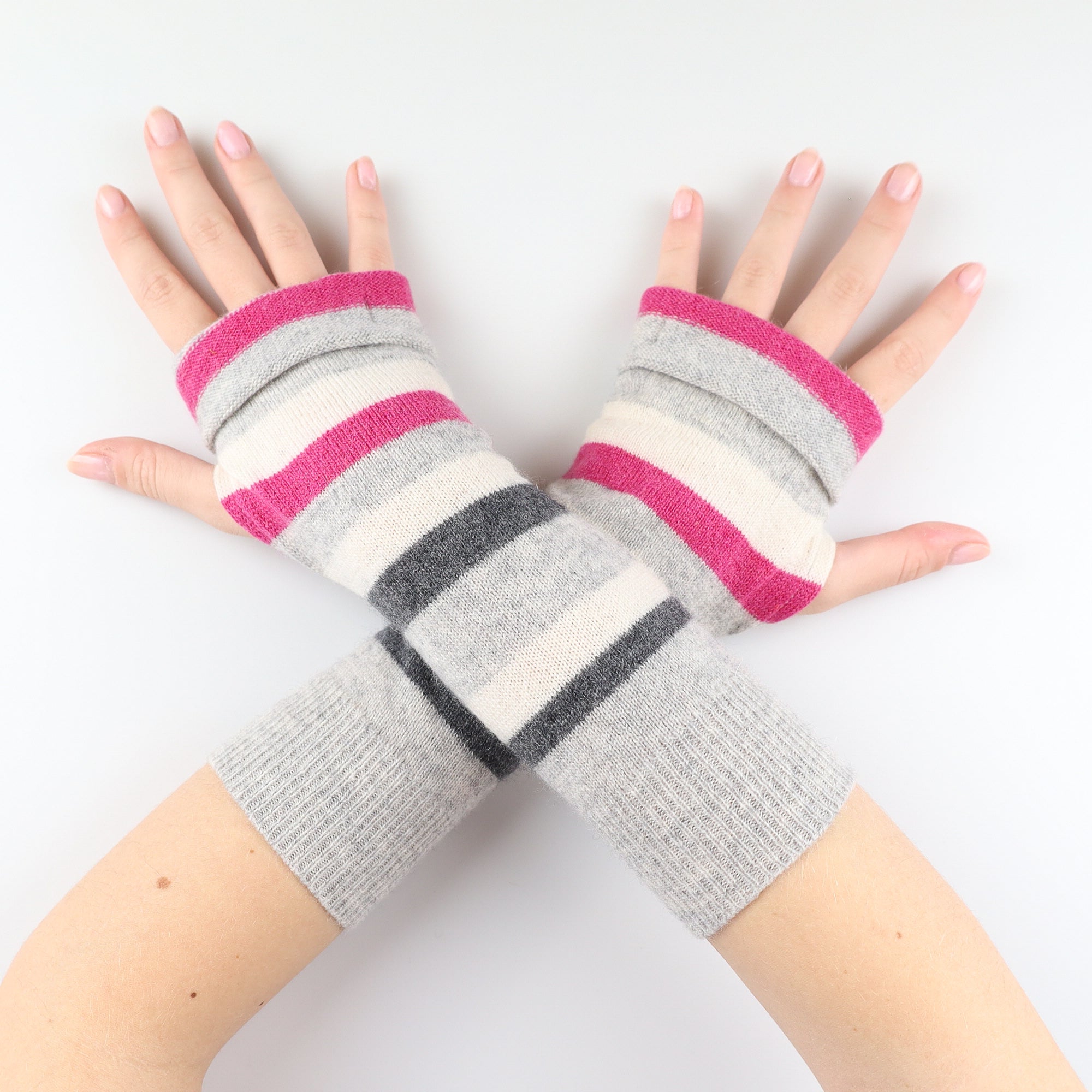 Grey Pink and Cream Striped Fingerless Gloves