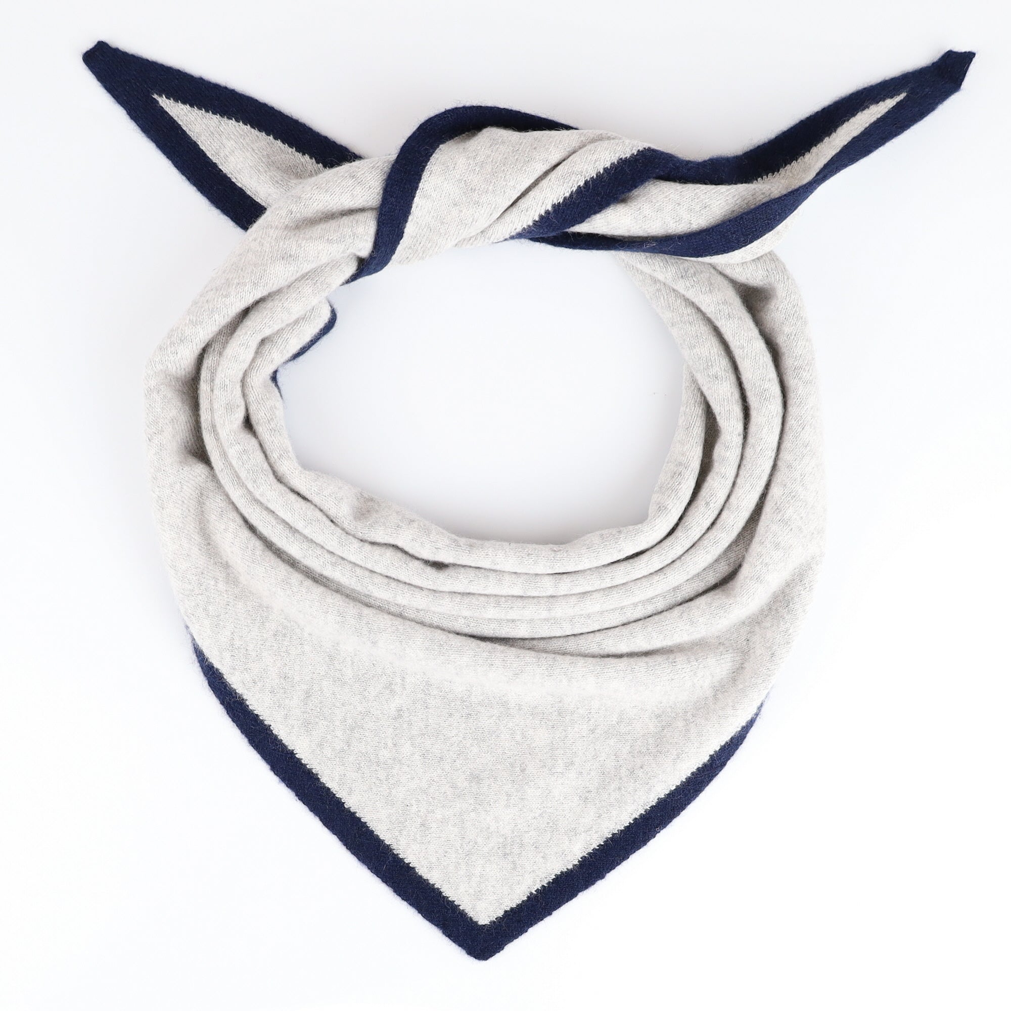 Brand New Mist Grey and Navy Recycled Cashmere Triangle Scarf