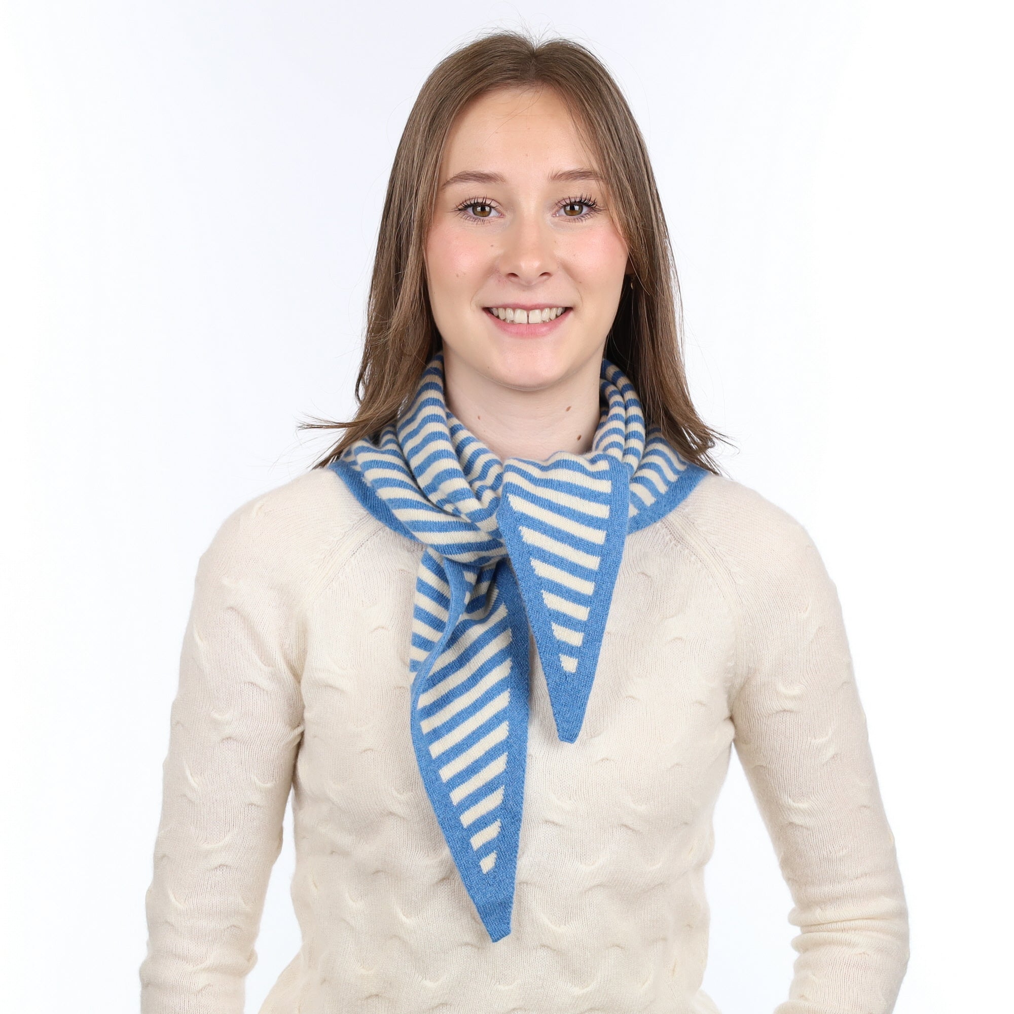 Brand New Mediterranean Blue Striped Recycled Cashmere Triangle Scarf