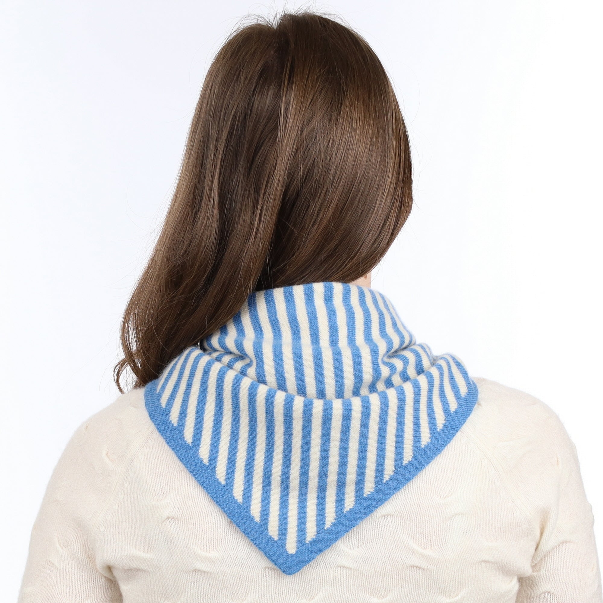 Brand New Mediterranean Blue Striped Recycled Cashmere Triangle Scarf