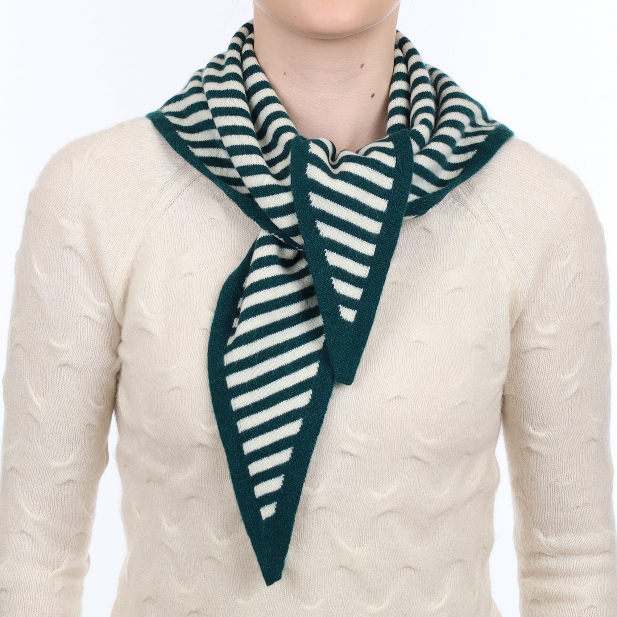 Brand New Forest Green Striped Recycled Cashmere Triangle Scarf